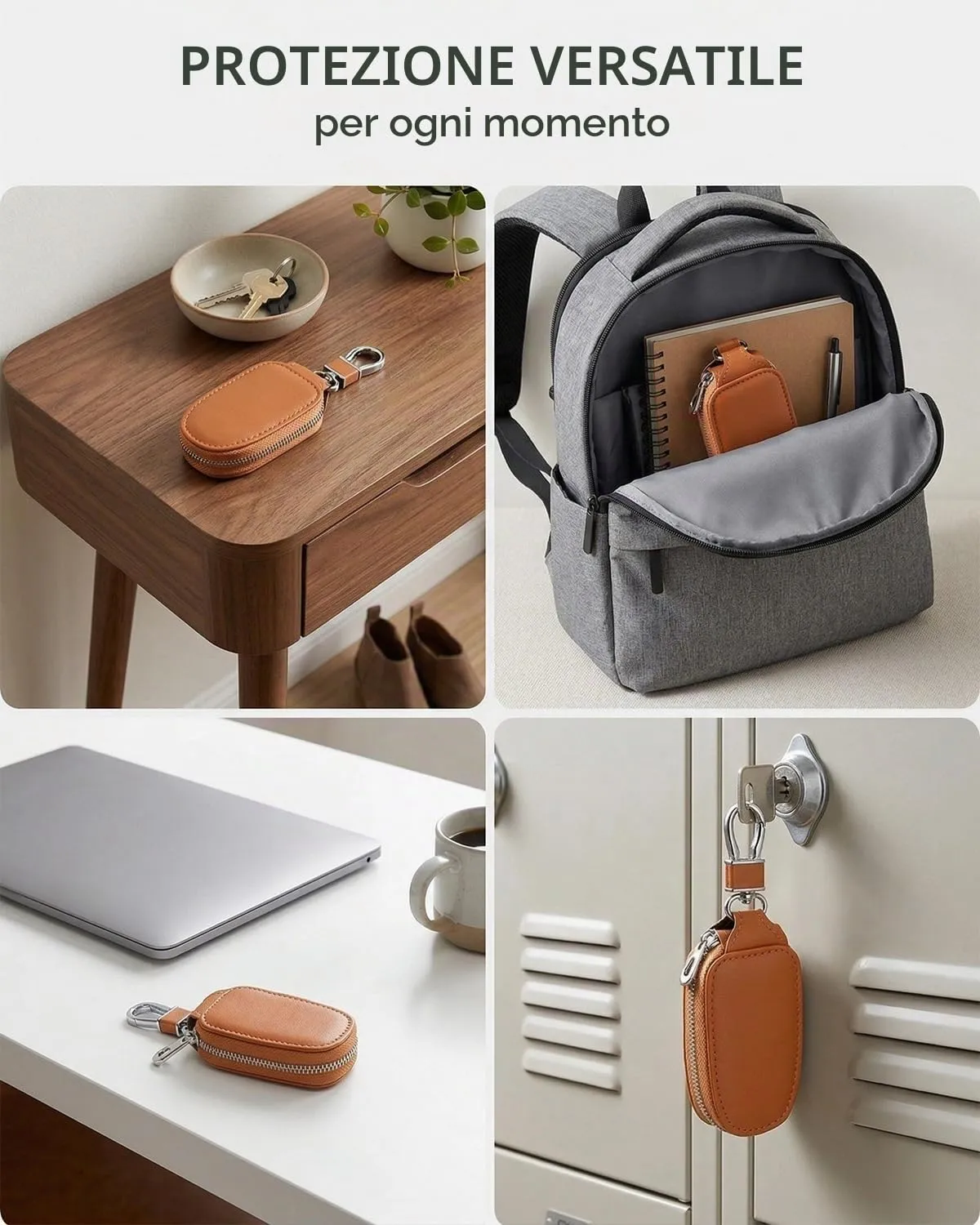 KAHZOR 1 Pezzo Portachiavi Auto Chiaro in Pelle, Custodia Universale con Cerniera e Gancio Metallo. Elegante Organizer Smart Uomo/Donna, Protezione da Graffi, Marrone - immagine 3
