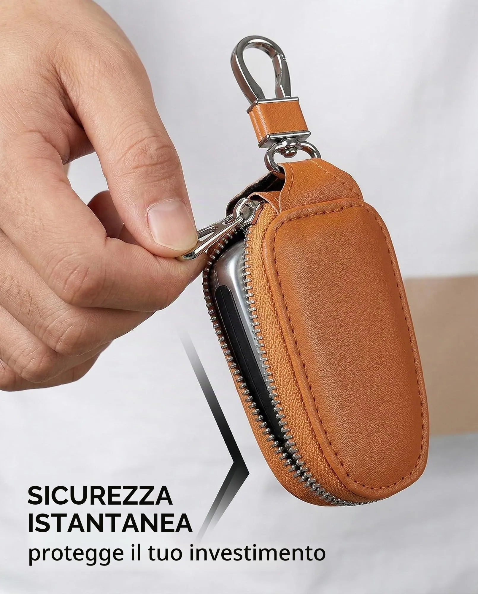 KAHZOR 1 Pezzo Portachiavi Auto Chiaro in Pelle, Custodia Universale con Cerniera e Gancio Metallo. Elegante Organizer Smart Uomo/Donna, Protezione da Graffi, Marrone - immagine 4