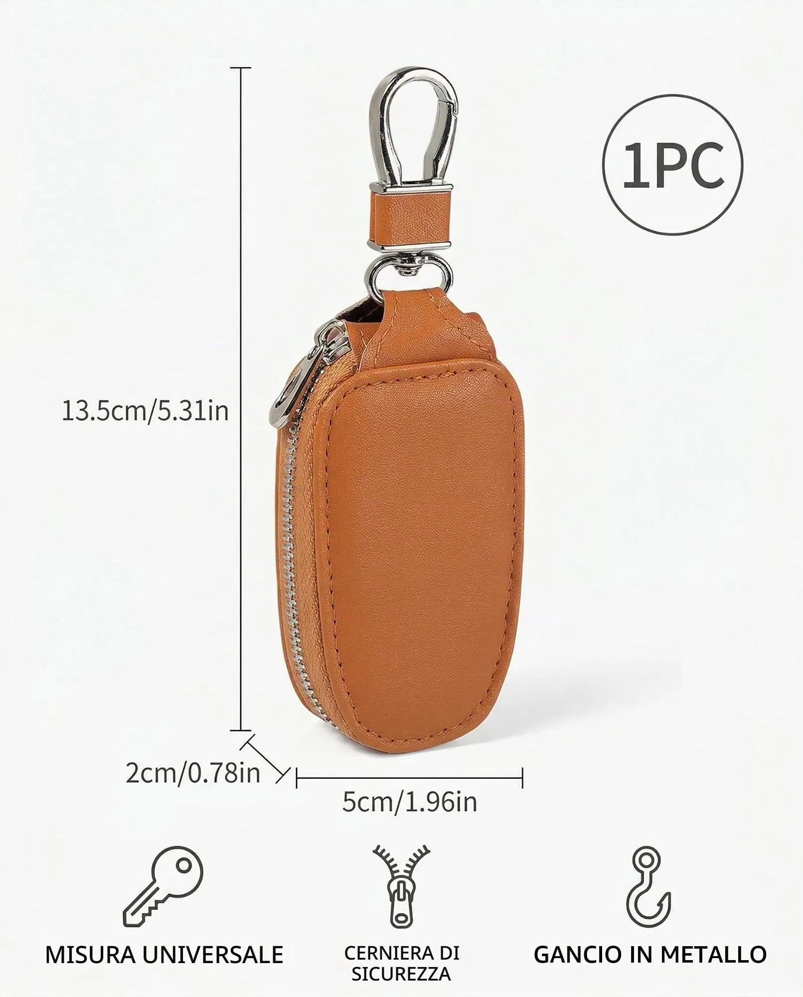 KAHZOR 1 Pezzo Portachiavi Auto Chiaro in Pelle, Custodia Universale con Cerniera e Gancio Metallo. Elegante Organizer Smart Uomo/Donna, Protezione da Graffi, Marrone - immagine 5