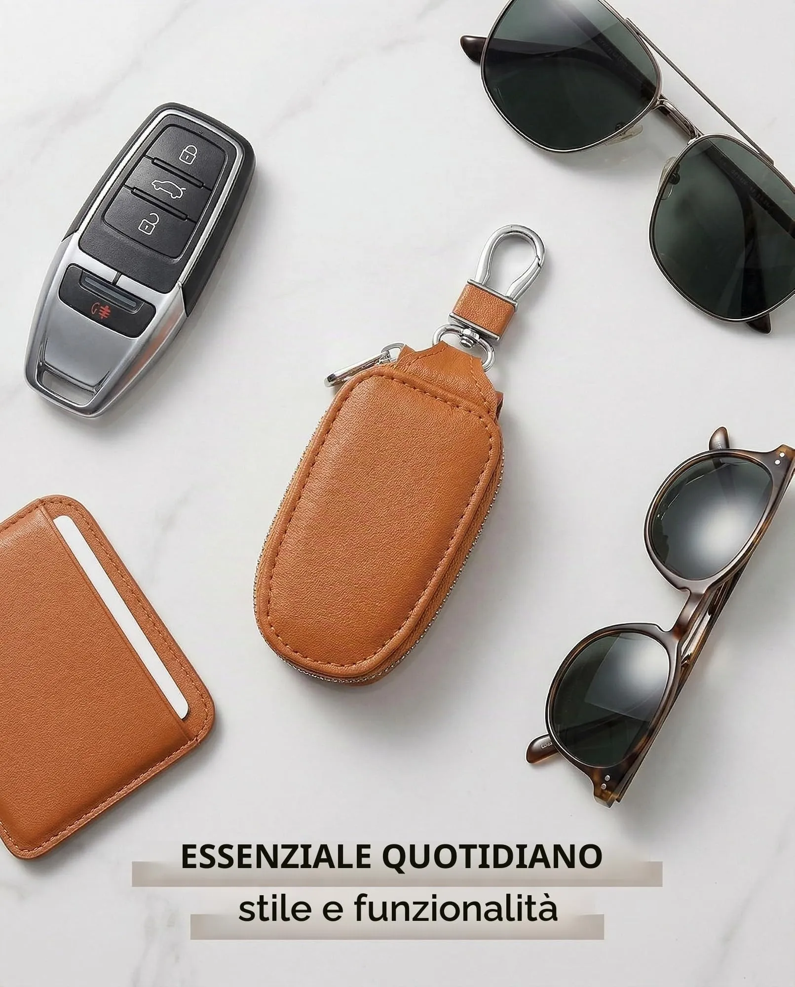 KAHZOR 1 Pezzo Portachiavi Auto Chiaro in Pelle, Custodia Universale con Cerniera e Gancio Metallo. Elegante Organizer Smart Uomo/Donna, Protezione da Graffi, Marrone - immagine 6
