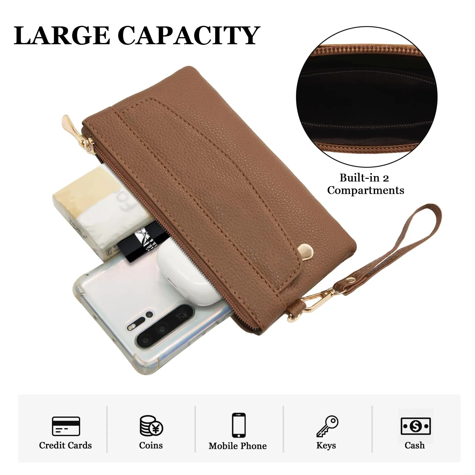 LJCZKA Portafoglio da Polso Pelle Donna Pochette da Polso Zip Grande Capacità Frizione Cellulare Porta Carte con Cinturino da Polso, Portachiavi (Marrone-3) - immagine 4