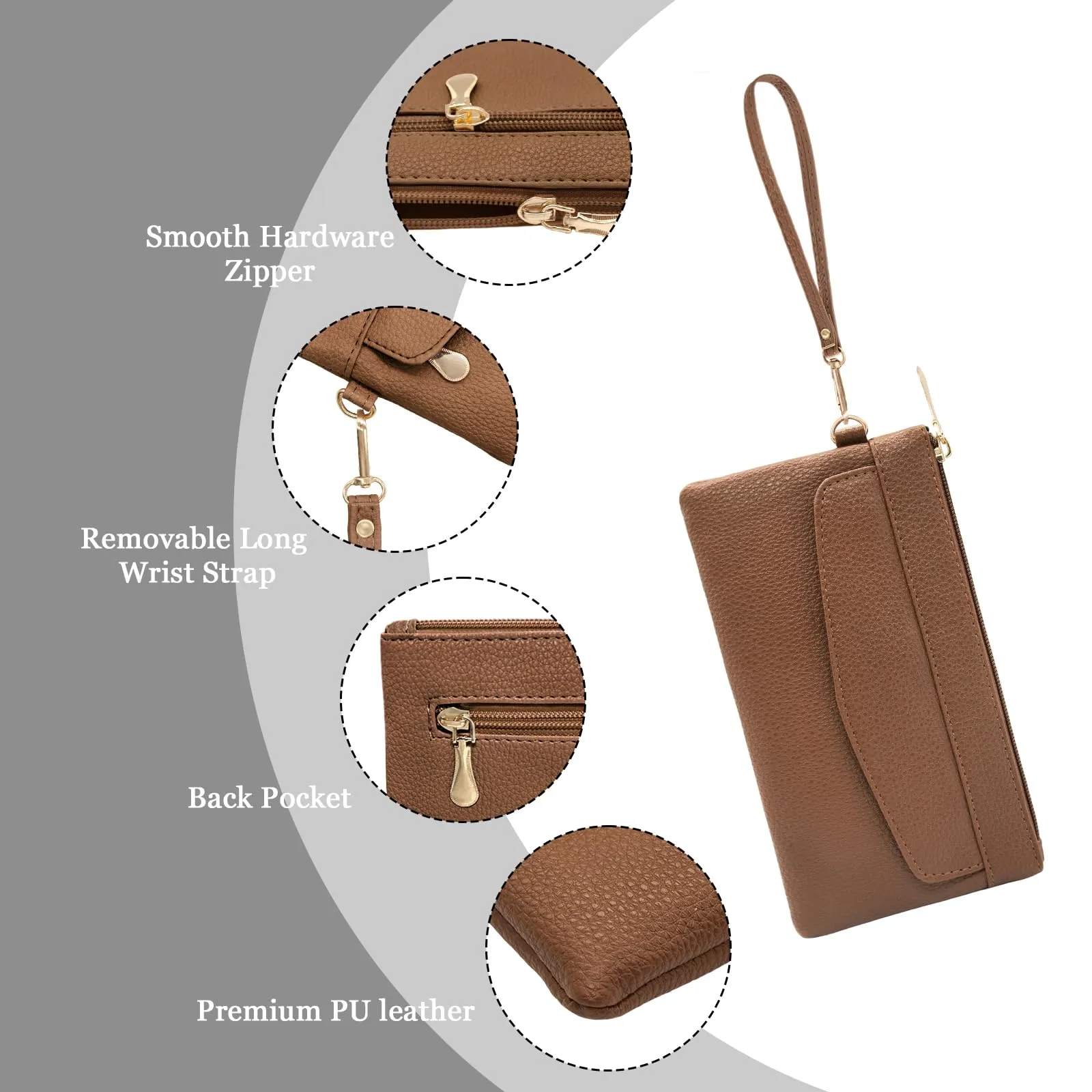 LJCZKA Portafoglio da Polso Pelle Donna Pochette da Polso Zip Grande Capacità Frizione Cellulare Porta Carte con Cinturino da Polso, Portachiavi (Marrone-3) - immagine 5