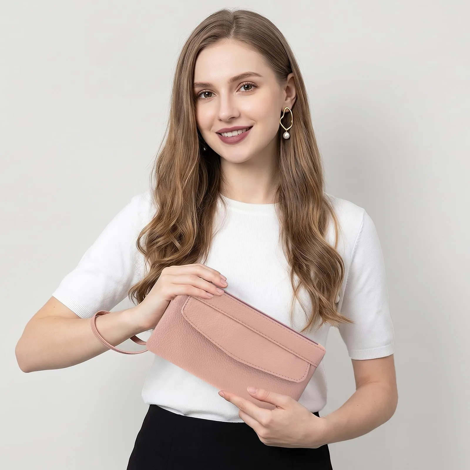LJCZKA Portafoglio da Polso Pelle Donna Pochette da Polso Zip Grande Capacità Frizione Cellulare Porta Carte con Cinturino da Polso, Portachiavi (Rosa-3) - immagine 2