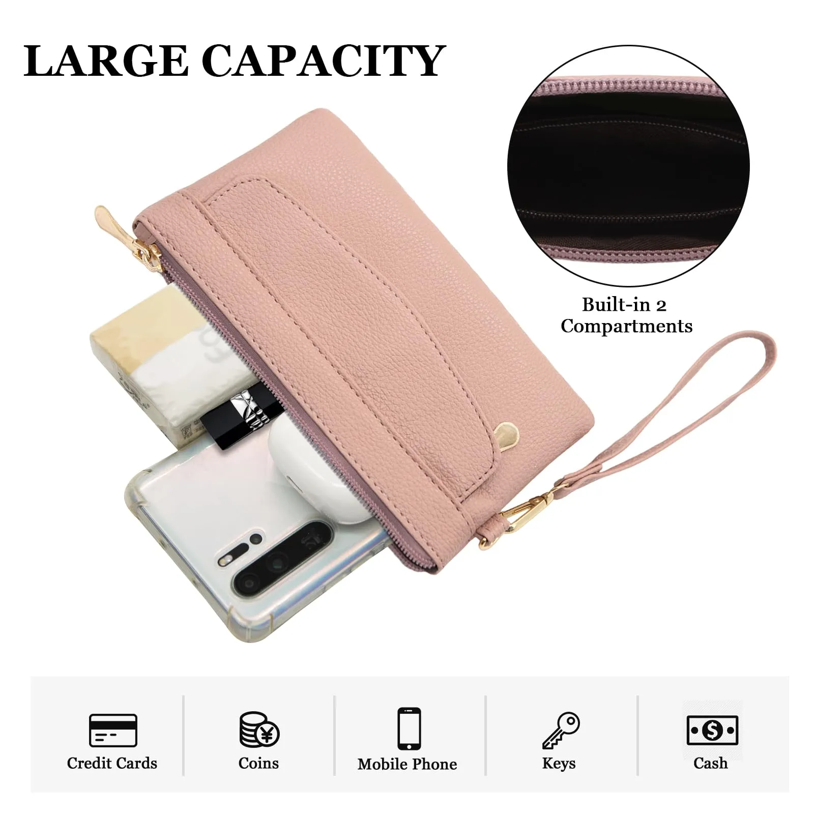 LJCZKA Portafoglio da Polso Pelle Donna Pochette da Polso Zip Grande Capacità Frizione Cellulare Porta Carte con Cinturino da Polso, Portachiavi (Rosa-3) - immagine 4