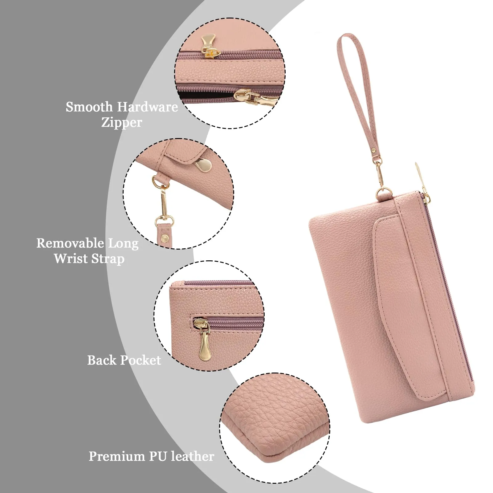LJCZKA Portafoglio da Polso Pelle Donna Pochette da Polso Zip Grande Capacità Frizione Cellulare Porta Carte con Cinturino da Polso, Portachiavi (Rosa-3) - immagine 5