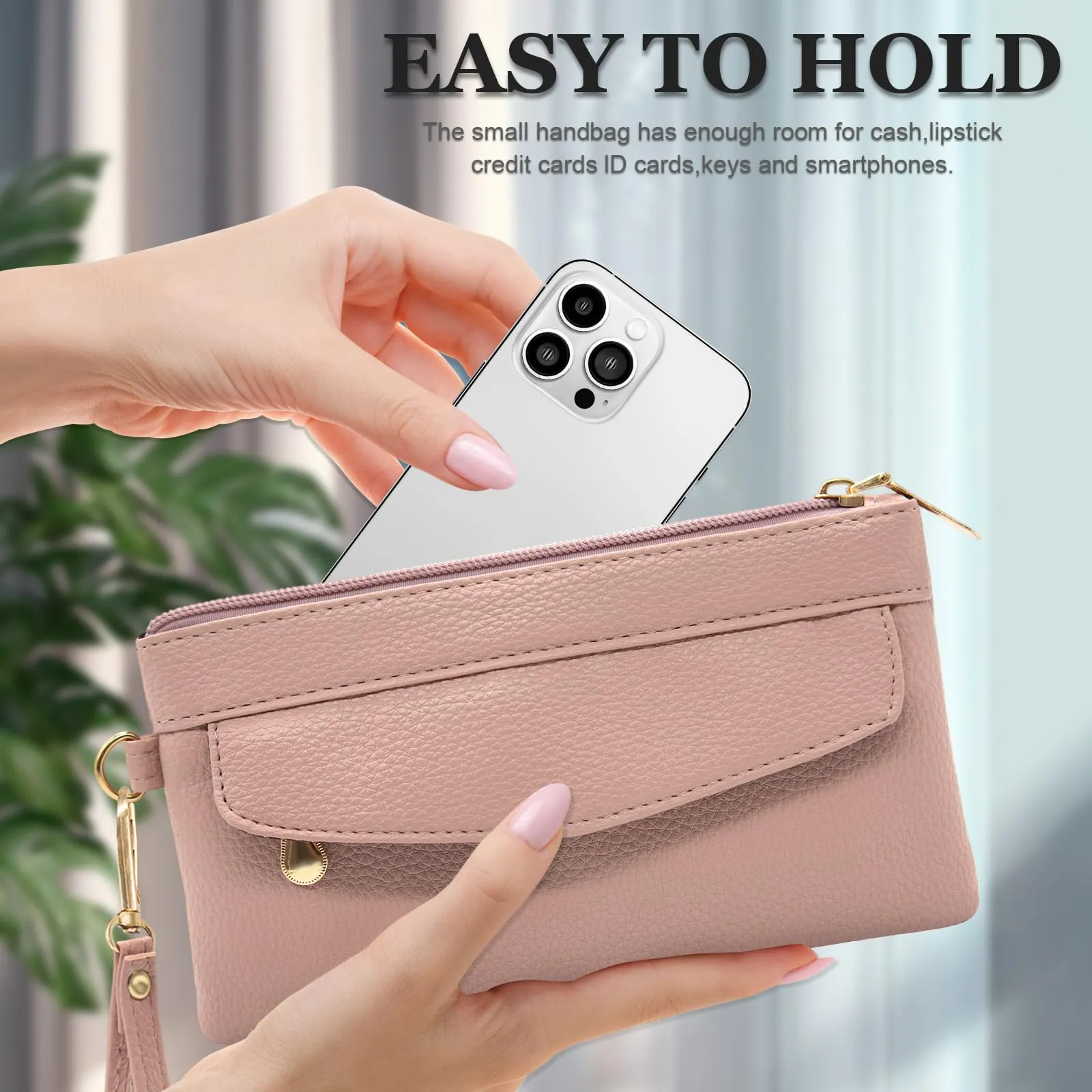 LJCZKA Portafoglio da Polso Pelle Donna Pochette da Polso Zip Grande Capacità Frizione Cellulare Porta Carte con Cinturino da Polso, Portachiavi (Rosa-3) - immagine 6