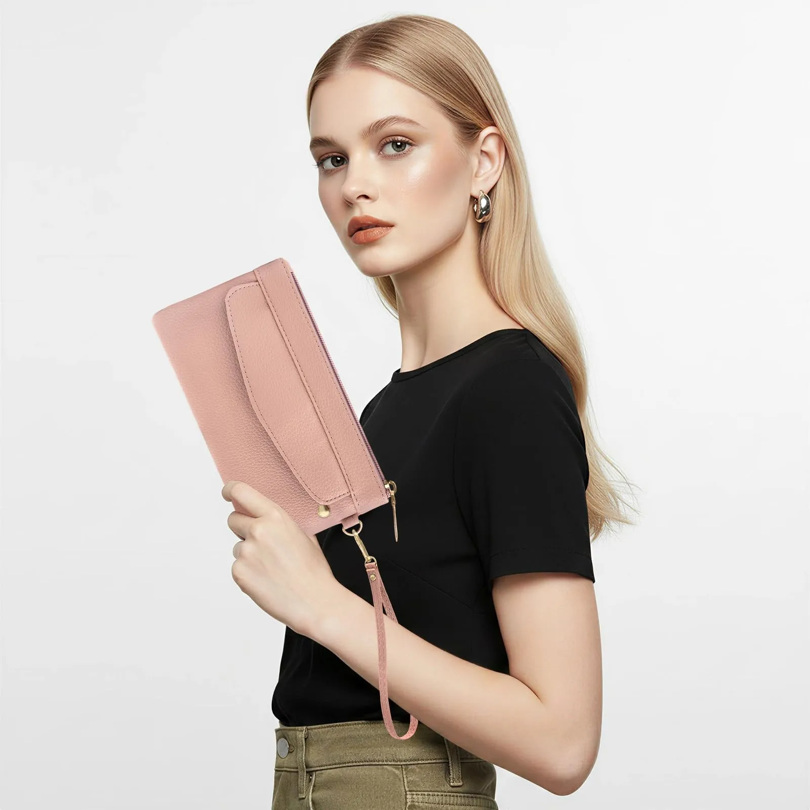 LJCZKA Portafoglio da Polso Pelle Donna Pochette da Polso Zip Grande Capacità Frizione Cellulare Porta Carte con Cinturino da Polso, Portachiavi (Rosa-3) - immagine 7