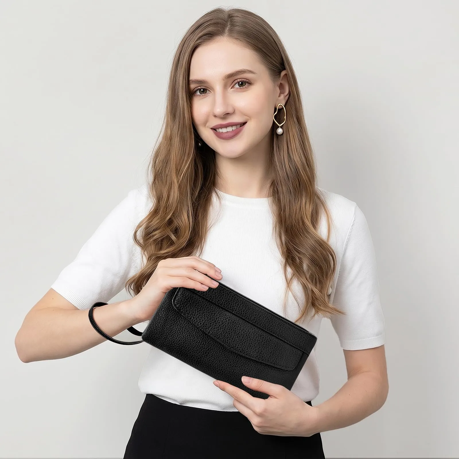 LJCZKA Portafoglio da Polso Pelle Donna Pochette da Polso Zip Grande Capacità Frizione Cellulare Porta Carte con Cinturino da Polso, Portachiavi (Nero-3) - immagine 2