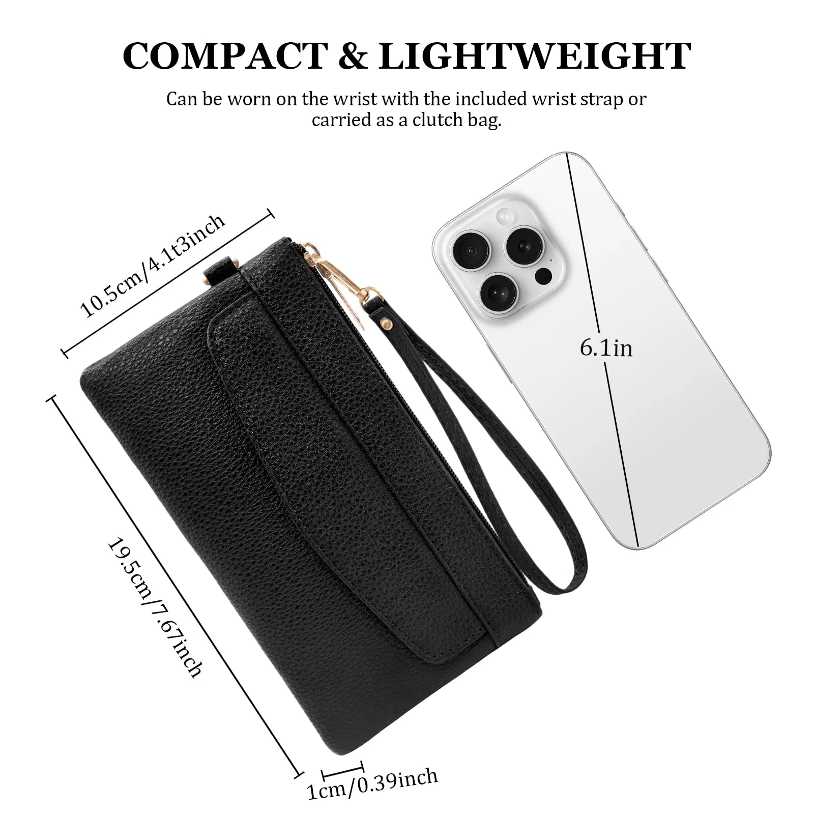 LJCZKA Portafoglio da Polso Pelle Donna Pochette da Polso Zip Grande Capacità Frizione Cellulare Porta Carte con Cinturino da Polso, Portachiavi (Nero-3) - immagine 3