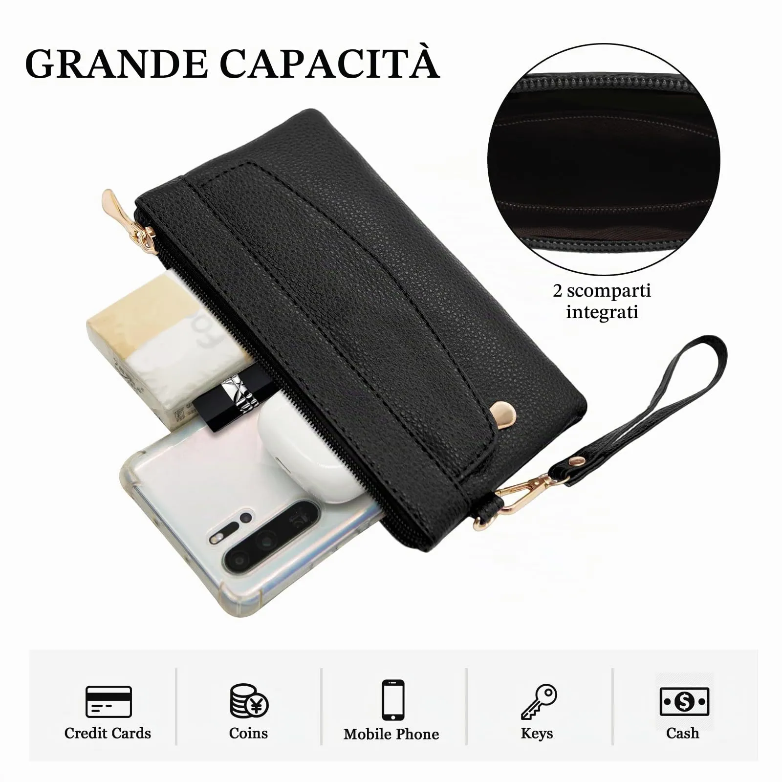 LJCZKA Portafoglio da Polso Pelle Donna Pochette da Polso Zip Grande Capacità Frizione Cellulare Porta Carte con Cinturino da Polso, Portachiavi (Nero-3) - immagine 4