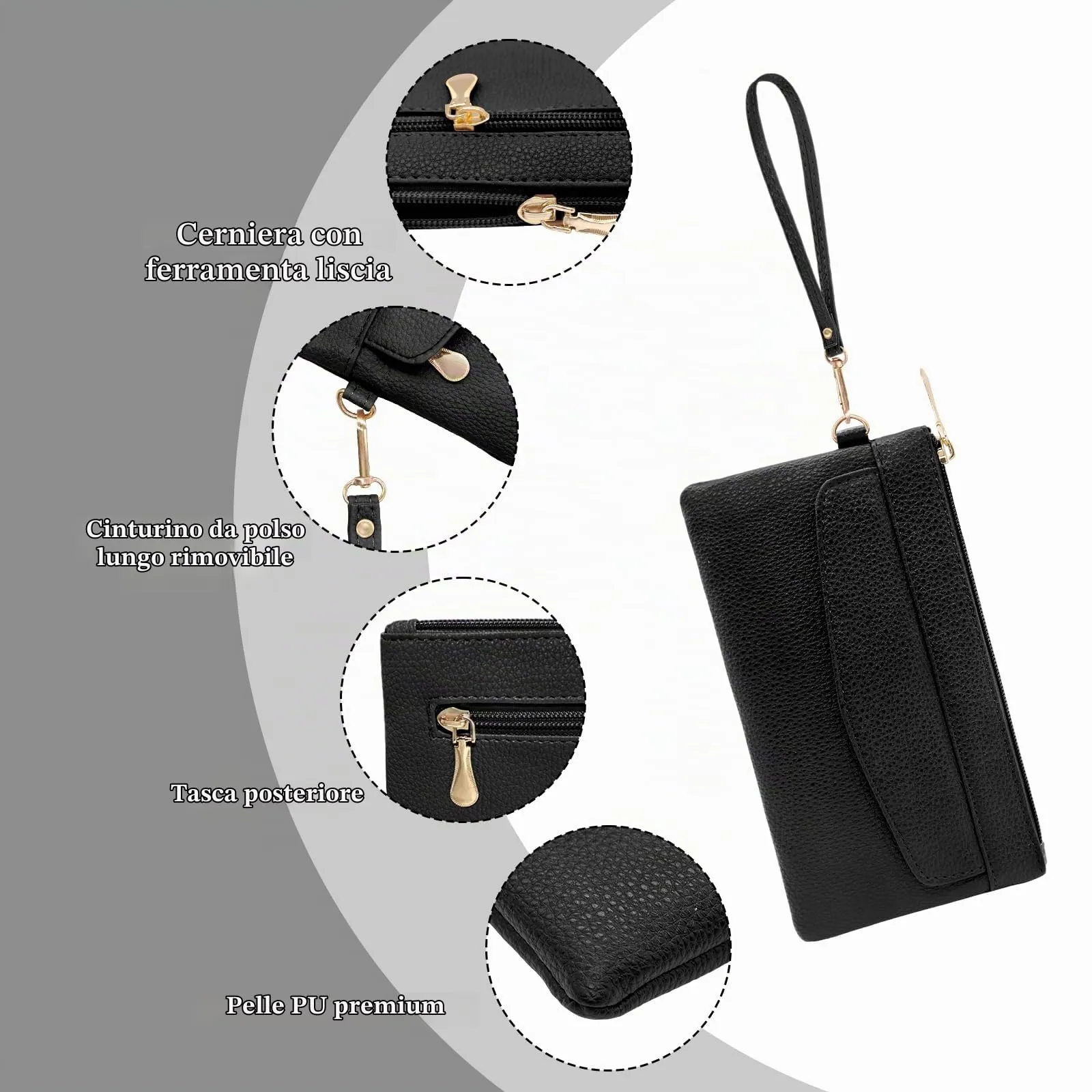 LJCZKA Portafoglio da Polso Pelle Donna Pochette da Polso Zip Grande Capacità Frizione Cellulare Porta Carte con Cinturino da Polso, Portachiavi (Nero-3) - immagine 5