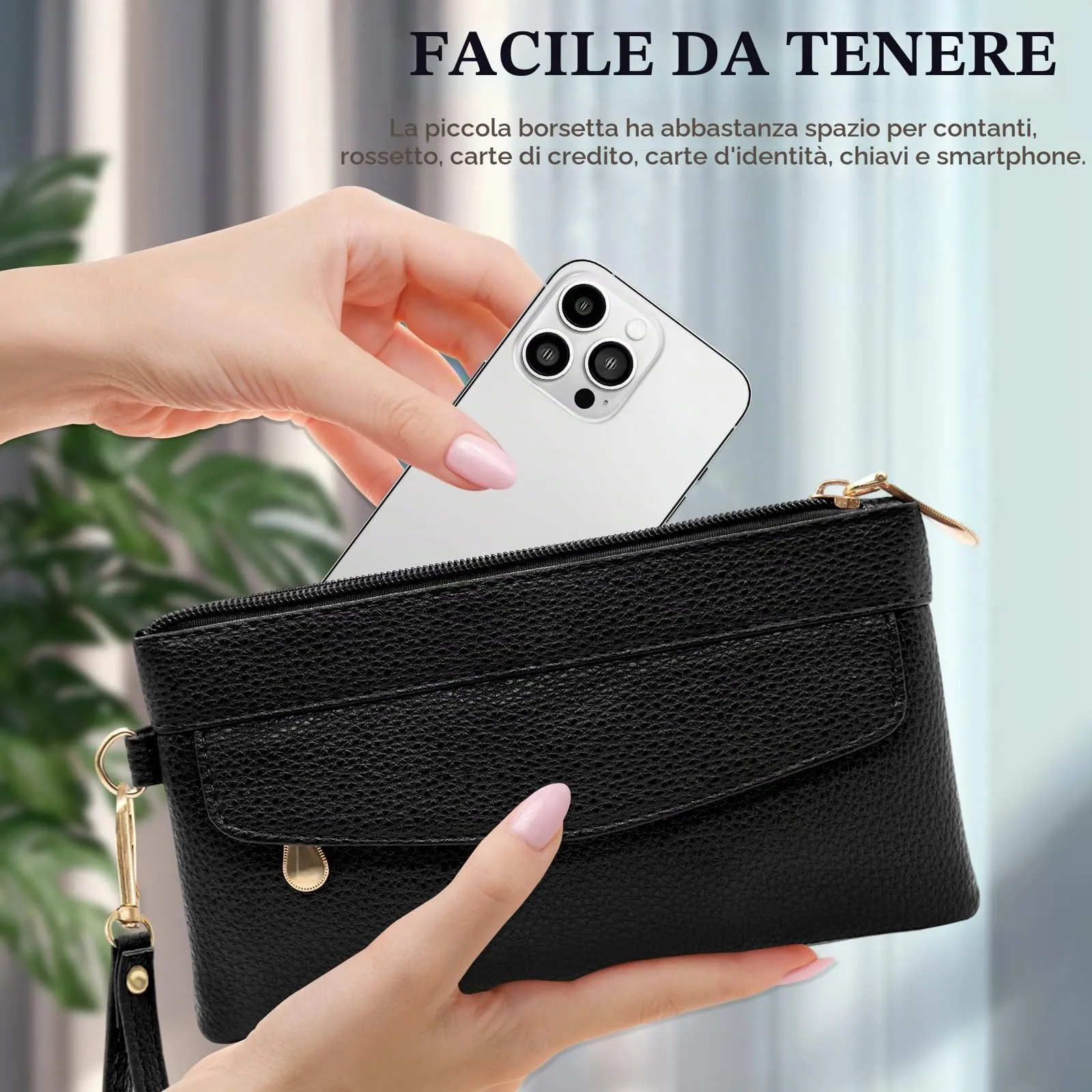 LJCZKA Portafoglio da Polso Pelle Donna Pochette da Polso Zip Grande Capacità Frizione Cellulare Porta Carte con Cinturino da Polso, Portachiavi (Nero-3) - immagine 6