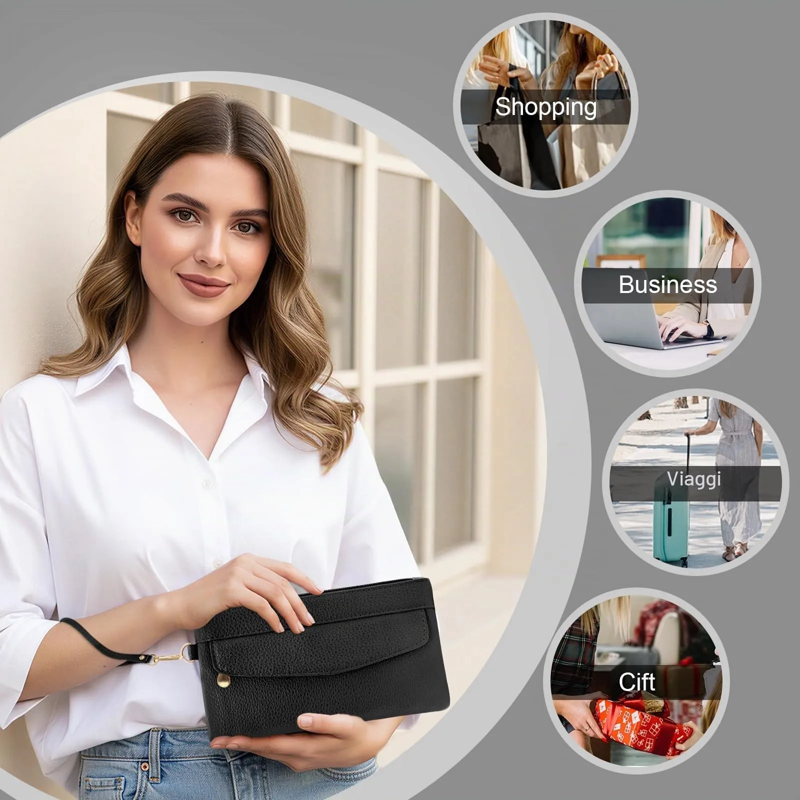 LJCZKA Portafoglio da Polso Pelle Donna Pochette da Polso Zip Grande Capacità Frizione Cellulare Porta Carte con Cinturino da Polso, Portachiavi (Nero-3) - immagine 8