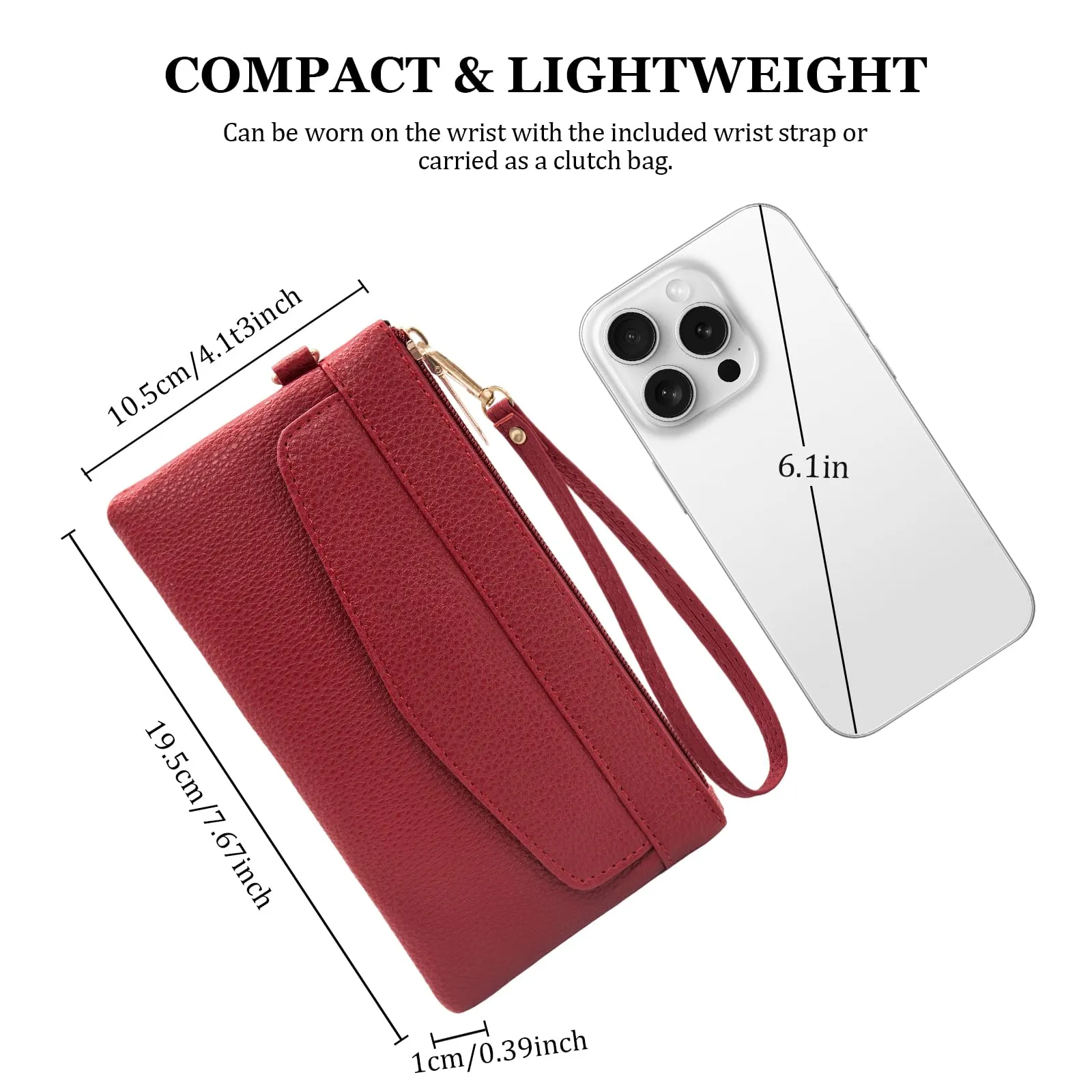 LJCZKA Portafoglio da Polso Pelle Donna Pochette da Polso Zip Grande Capacità Frizione Cellulare Porta Carte con Cinturino da Polso, Portachiavi (Rosso-3) - immagine 3