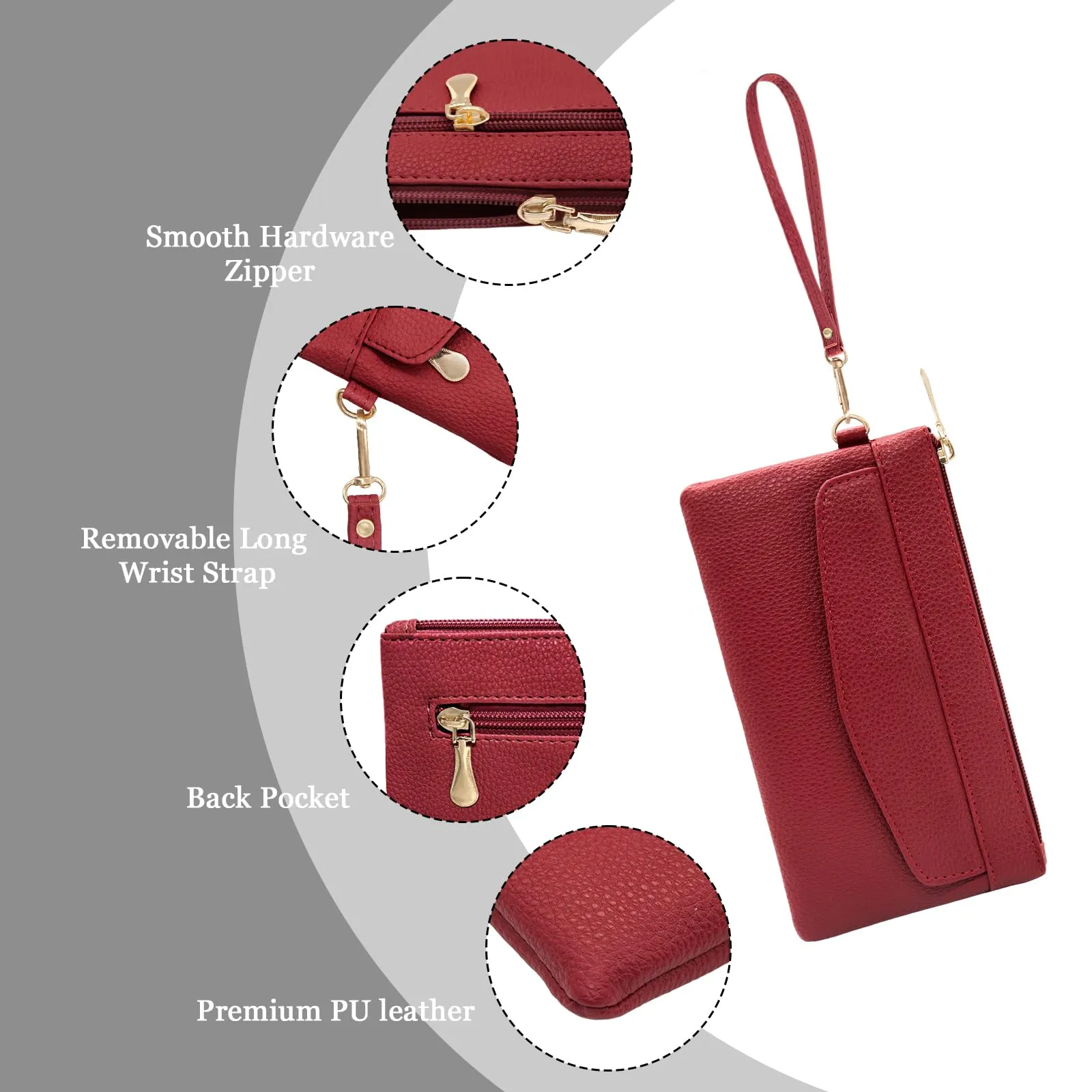 LJCZKA Portafoglio da Polso Pelle Donna Pochette da Polso Zip Grande Capacità Frizione Cellulare Porta Carte con Cinturino da Polso, Portachiavi (Rosso-3) - immagine 5