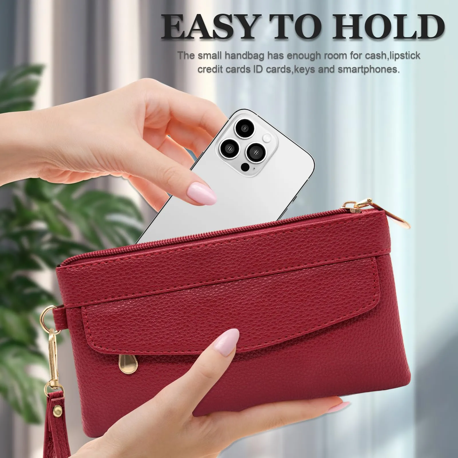 LJCZKA Portafoglio da Polso Pelle Donna Pochette da Polso Zip Grande Capacità Frizione Cellulare Porta Carte con Cinturino da Polso, Portachiavi (Rosso-3) - immagine 6