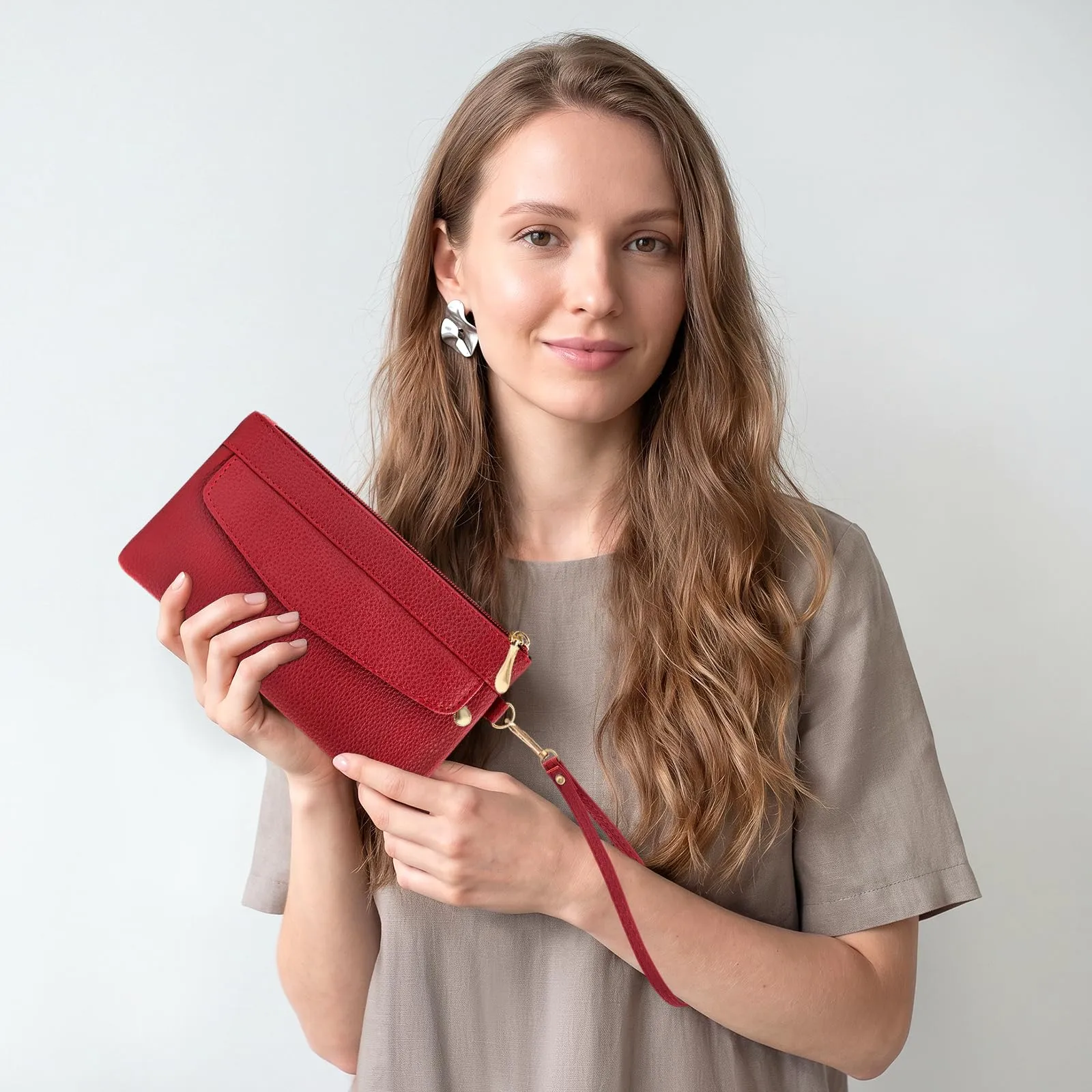 LJCZKA Portafoglio da Polso Pelle Donna Pochette da Polso Zip Grande Capacità Frizione Cellulare Porta Carte con Cinturino da Polso, Portachiavi (Rosso-3) - immagine 7