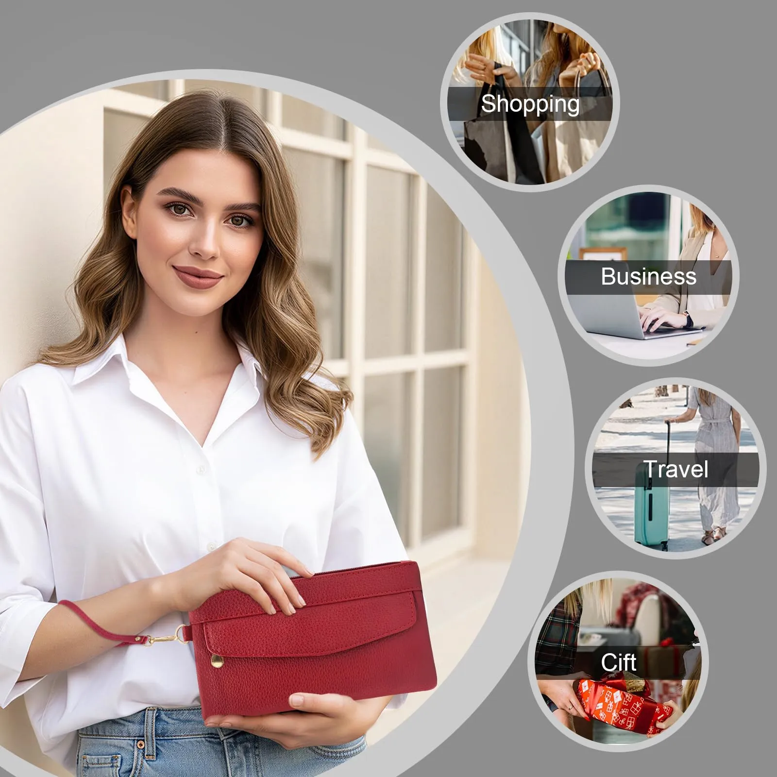 LJCZKA Portafoglio da Polso Pelle Donna Pochette da Polso Zip Grande Capacità Frizione Cellulare Porta Carte con Cinturino da Polso, Portachiavi (Rosso-3) - immagine 8
