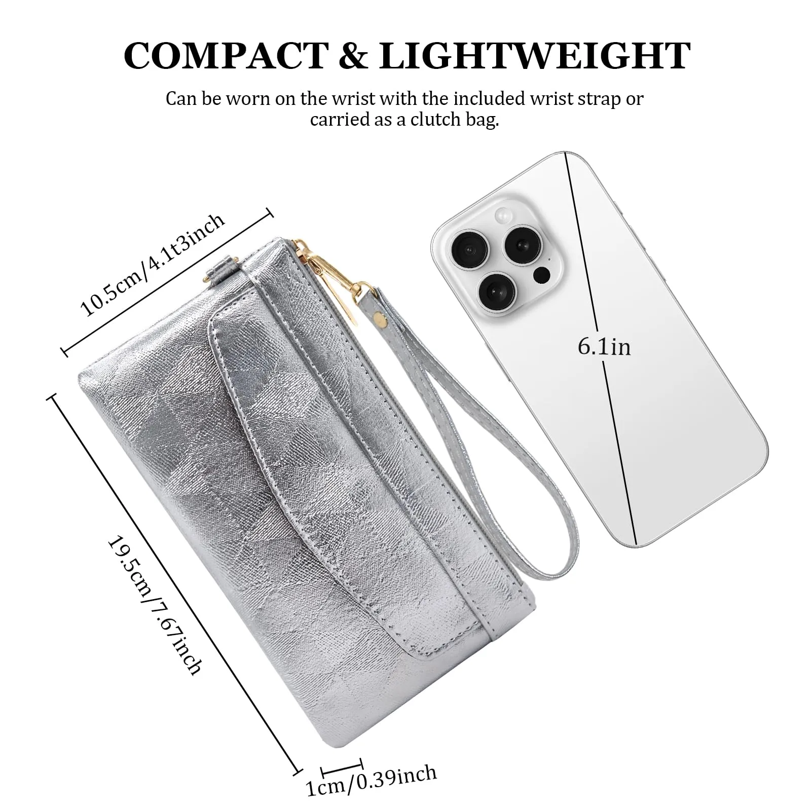 LJCZKA Portafoglio da Polso Pelle Donna Pochette da Polso Zip Grande Capacità Frizione Cellulare Porta Carte con Cinturino da Polso, Portachiavi (Argento-4) - immagine 4