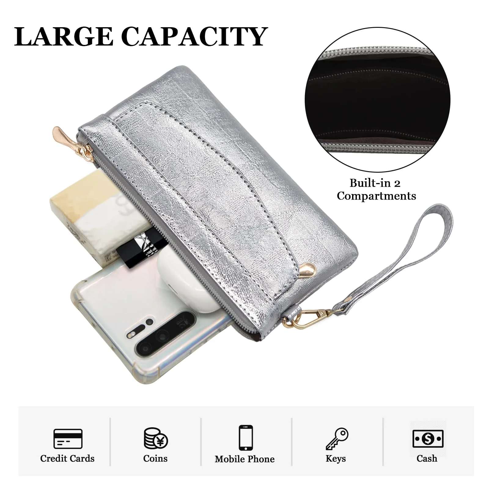 LJCZKA Portafoglio da Polso Pelle Donna Pochette da Polso Zip Grande Capacità Frizione Cellulare Porta Carte con Cinturino da Polso, Portachiavi (Argento-4) - immagine 5