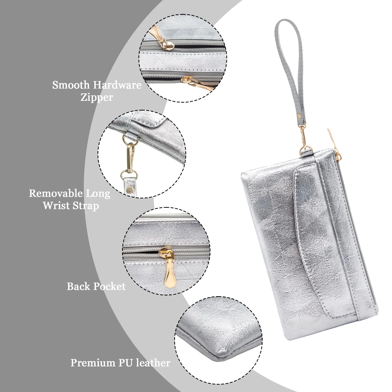 LJCZKA Portafoglio da Polso Pelle Donna Pochette da Polso Zip Grande Capacità Frizione Cellulare Porta Carte con Cinturino da Polso, Portachiavi (Argento-4) - immagine 6