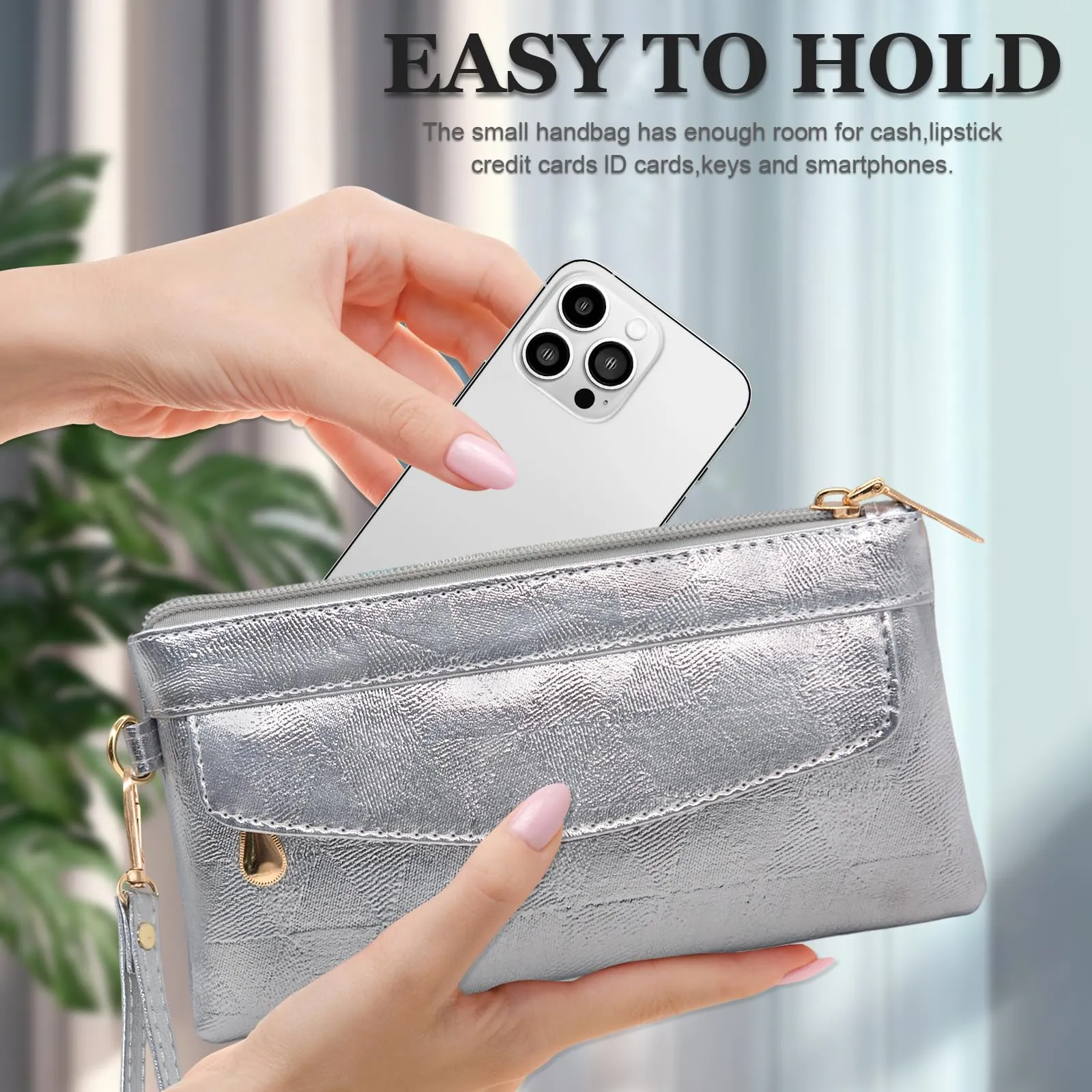 LJCZKA Portafoglio da Polso Pelle Donna Pochette da Polso Zip Grande Capacità Frizione Cellulare Porta Carte con Cinturino da Polso, Portachiavi (Argento-4) - immagine 7