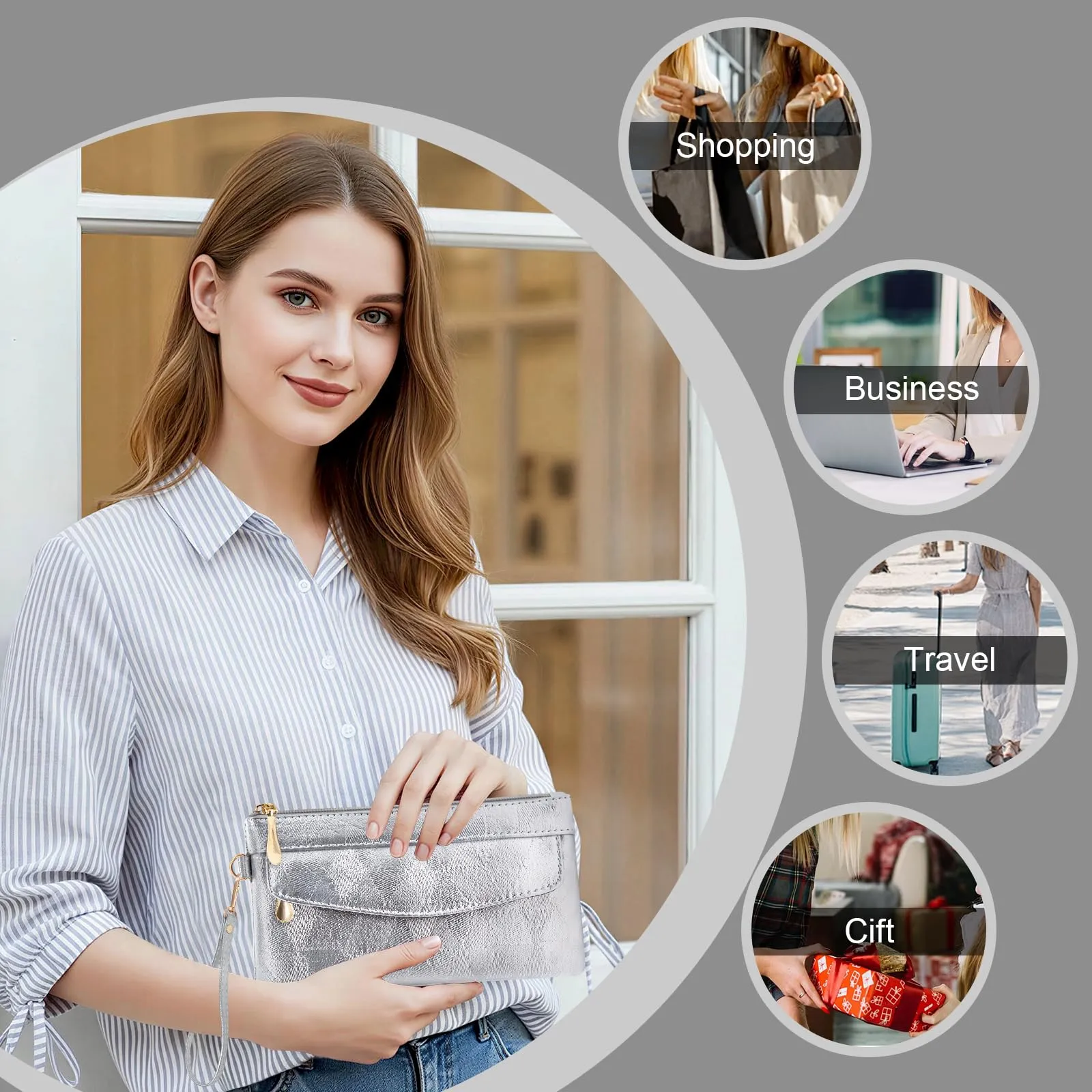 LJCZKA Portafoglio da Polso Pelle Donna Pochette da Polso Zip Grande Capacità Frizione Cellulare Porta Carte con Cinturino da Polso, Portachiavi (Argento-4) - immagine 8
