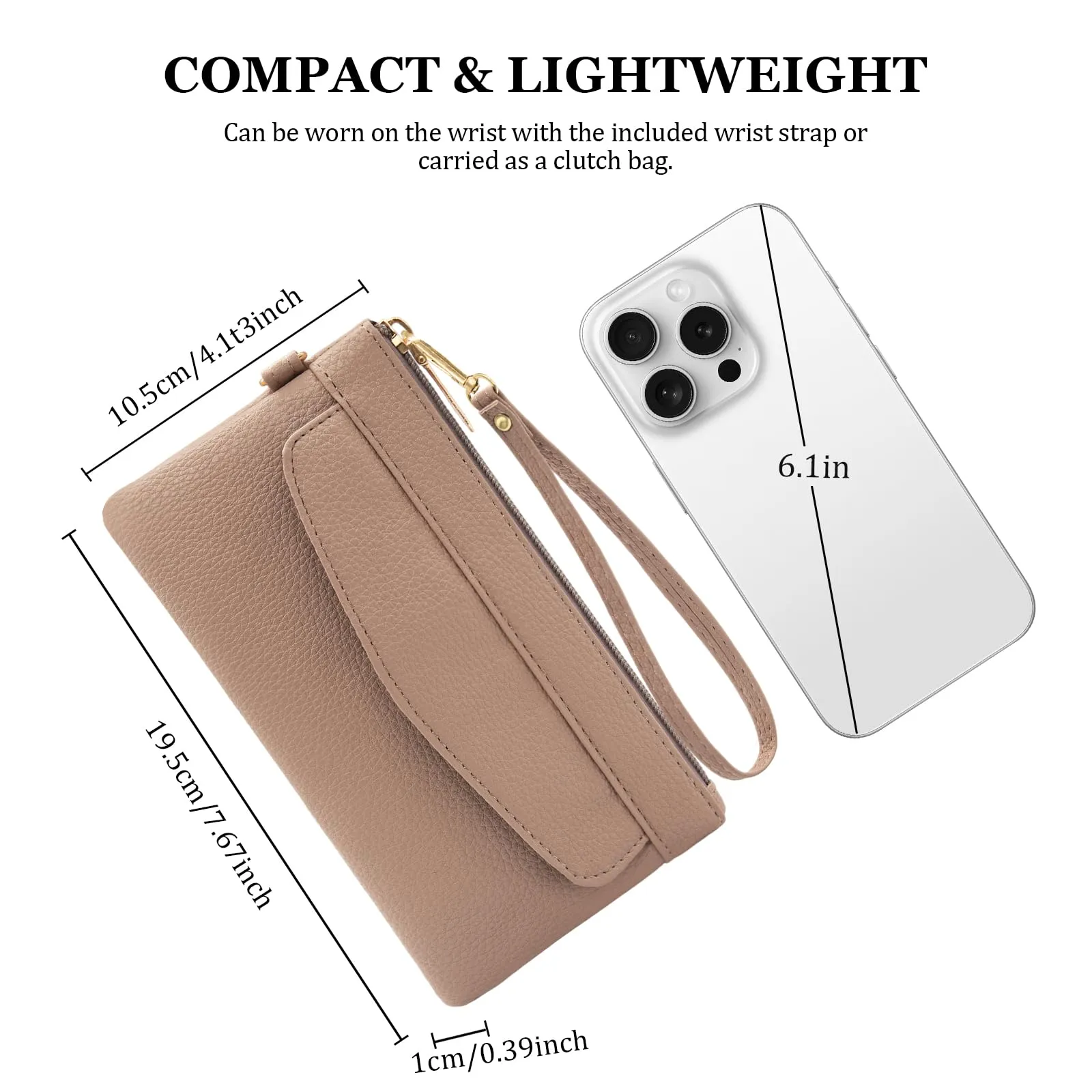 LJCZKA Portafoglio da Polso Pelle Donna Pochette da Polso Zip Grande Capacità Frizione Cellulare Porta Carte con Cinturino da Polso, Portachiavi (Cammello-3) - immagine 3