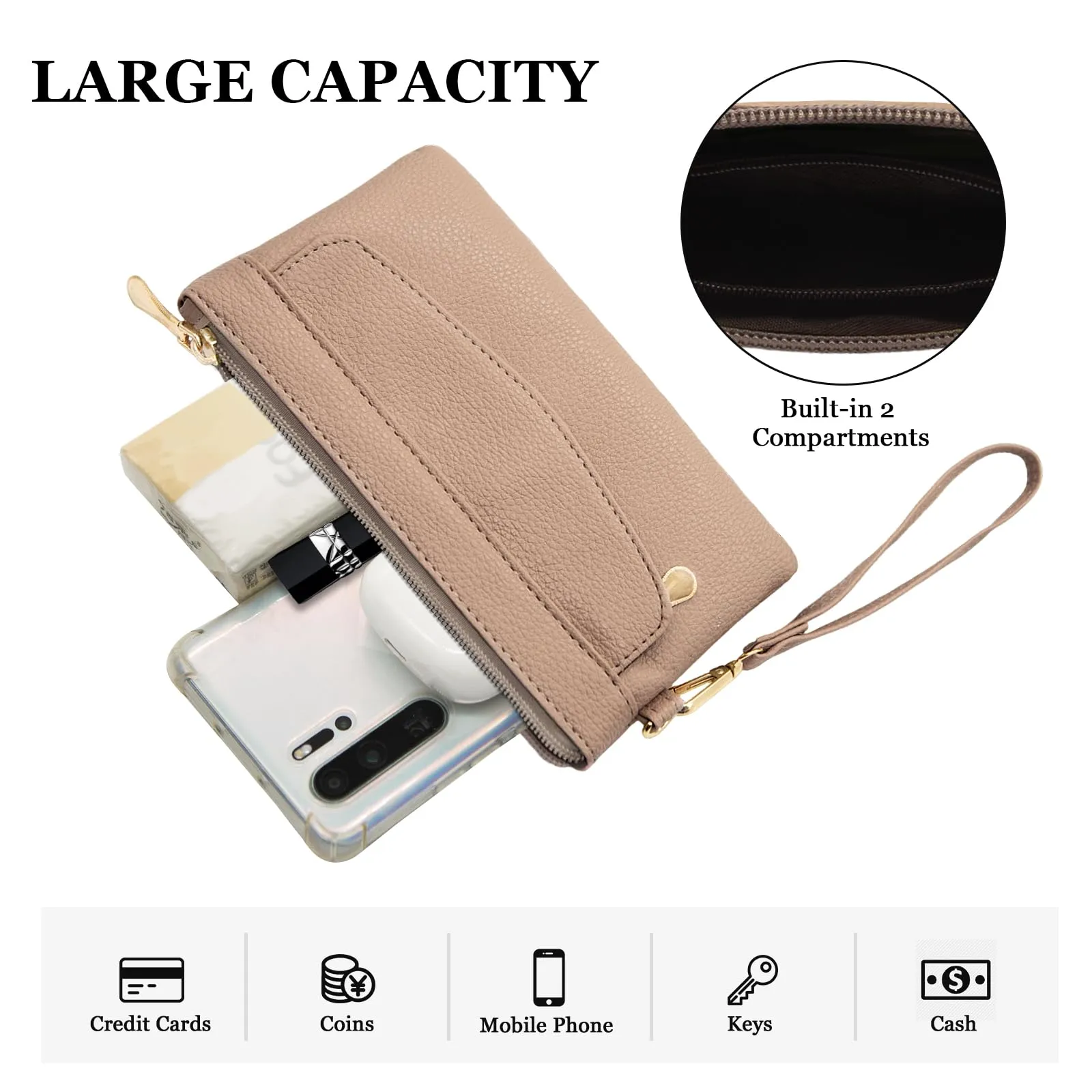 LJCZKA Portafoglio da Polso Pelle Donna Pochette da Polso Zip Grande Capacità Frizione Cellulare Porta Carte con Cinturino da Polso, Portachiavi (Cammello-3) - immagine 4