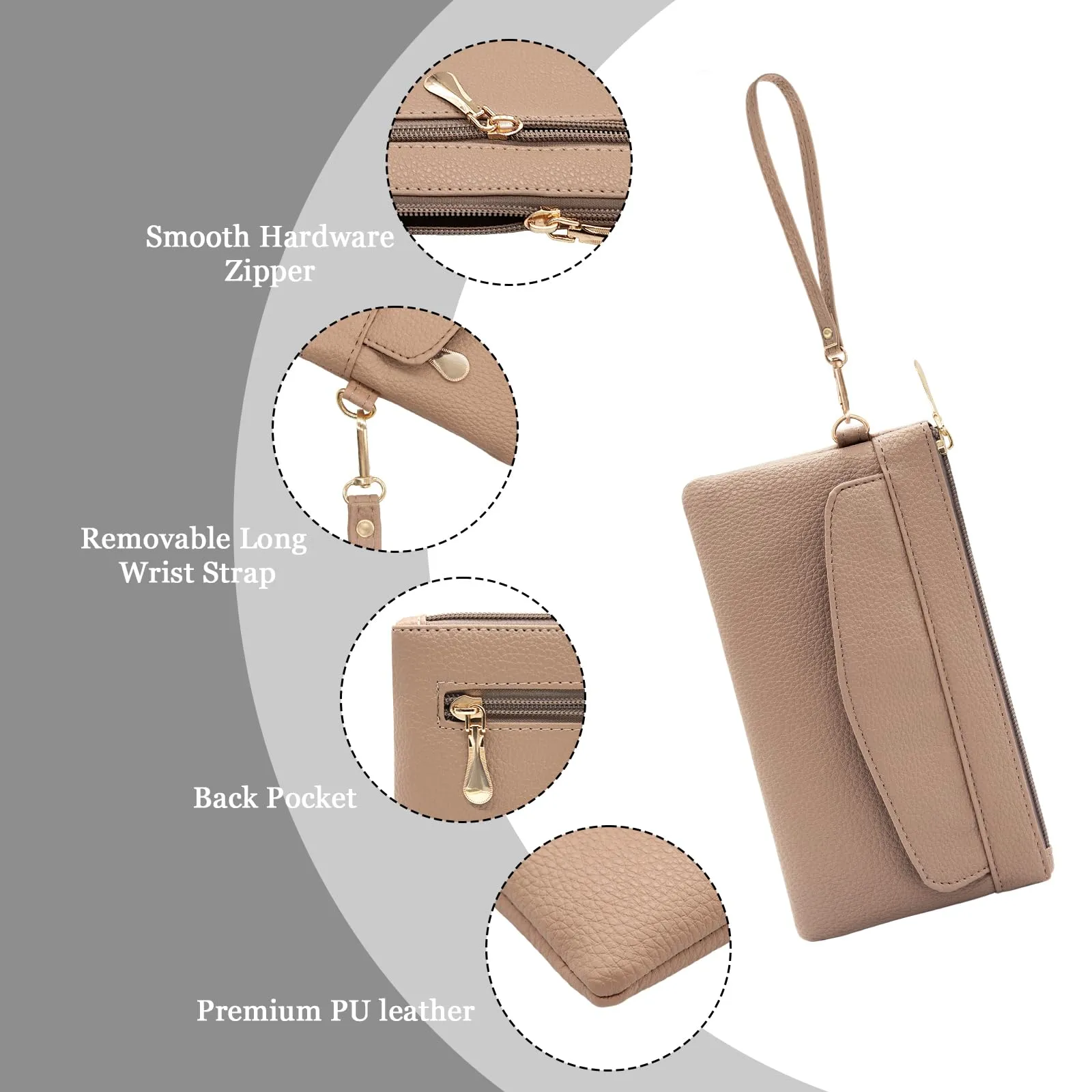 LJCZKA Portafoglio da Polso Pelle Donna Pochette da Polso Zip Grande Capacità Frizione Cellulare Porta Carte con Cinturino da Polso, Portachiavi (Cammello-3) - immagine 5