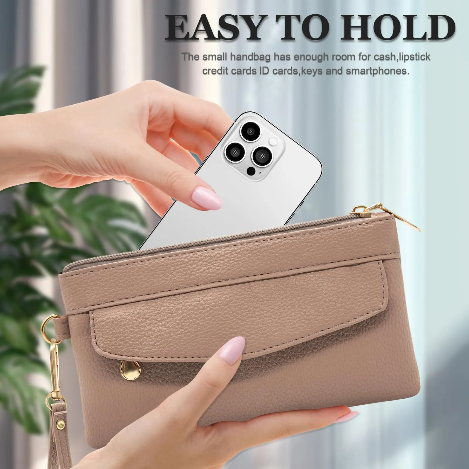 LJCZKA Portafoglio da Polso Pelle Donna Pochette da Polso Zip Grande Capacità Frizione Cellulare Porta Carte con Cinturino da Polso, Portachiavi (Cammello-3) - immagine 6