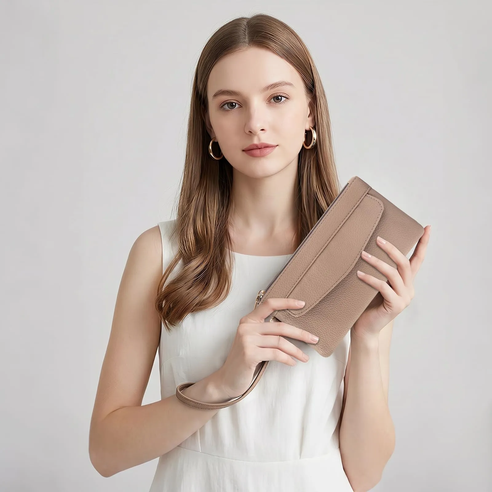 LJCZKA Portafoglio da Polso Pelle Donna Pochette da Polso Zip Grande Capacità Frizione Cellulare Porta Carte con Cinturino da Polso, Portachiavi (Cammello-3) - immagine 7