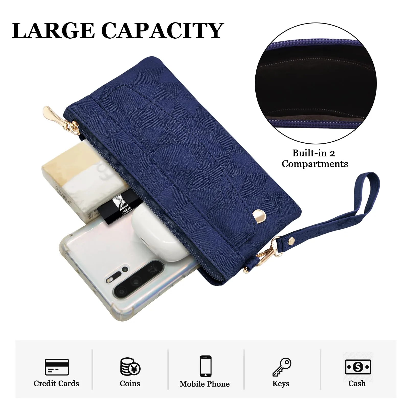 LJCZKA Portafoglio da Polso Pelle Donna Pochette da Polso Zip Grande Capacità Frizione Cellulare Porta Carte con Cinturino da Polso, Portachiavi (Blu-4) - immagine 4