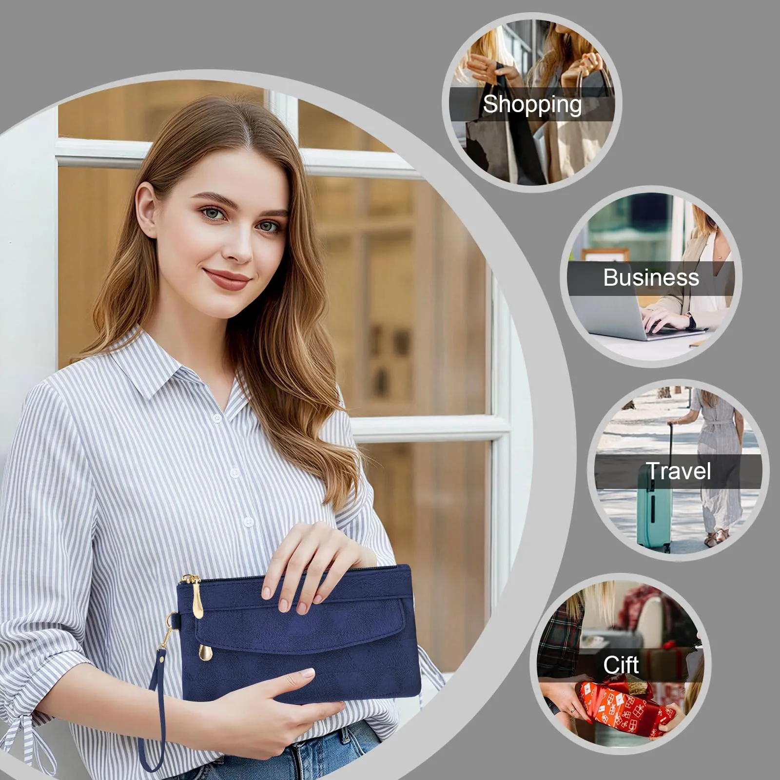 LJCZKA Portafoglio da Polso Pelle Donna Pochette da Polso Zip Grande Capacità Frizione Cellulare Porta Carte con Cinturino da Polso, Portachiavi (Blu-4) - immagine 8