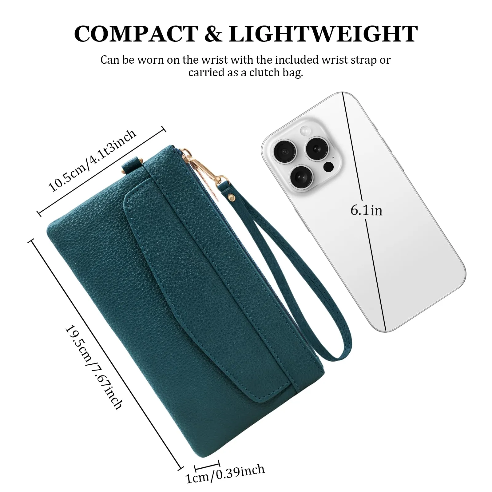 LJCZKA Portafoglio da Polso Pelle Donna Pochette da Polso Zip Grande Capacità Frizione Cellulare Porta Carte con Cinturino da Polso, Portachiavi (Verde-3) - immagine 3