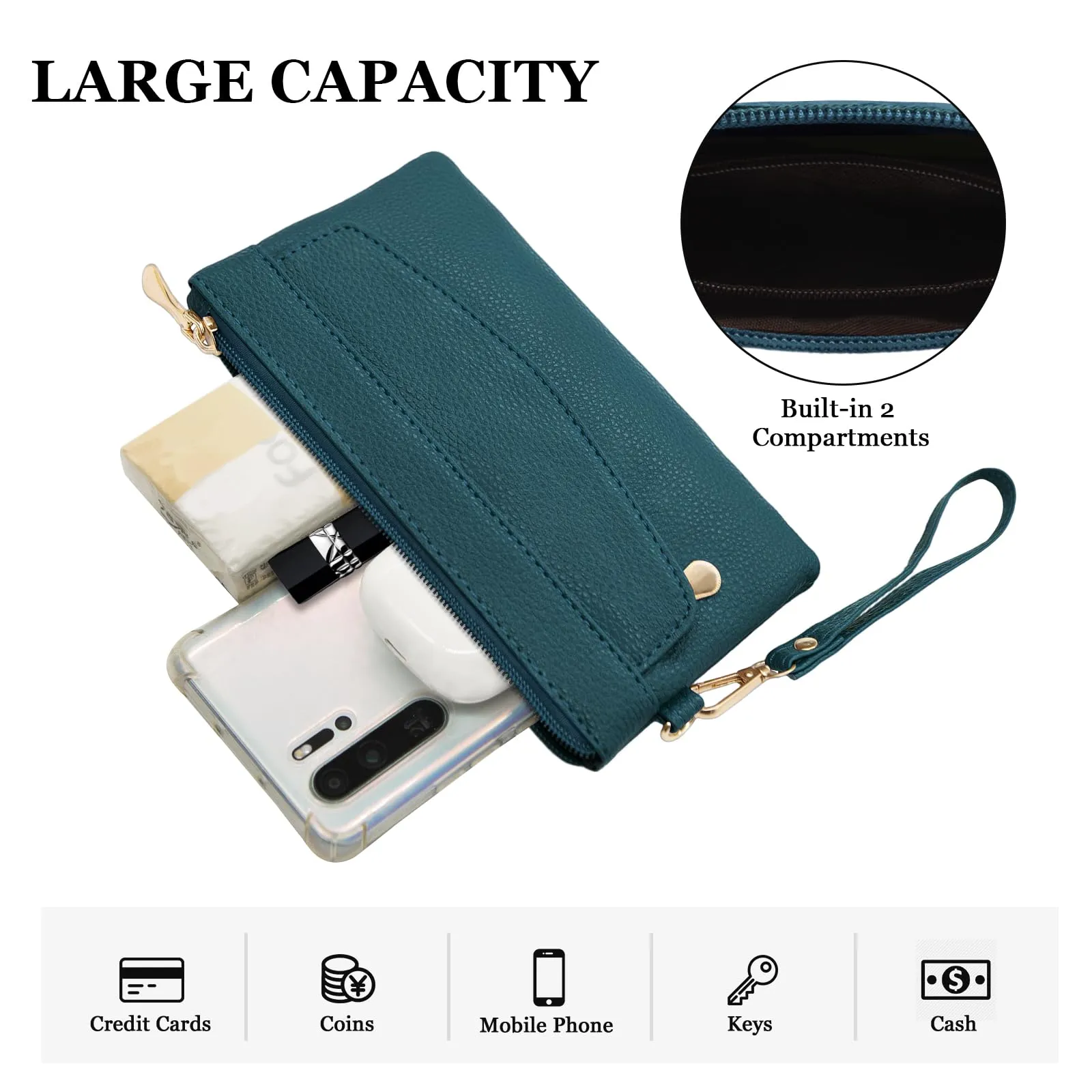LJCZKA Portafoglio da Polso Pelle Donna Pochette da Polso Zip Grande Capacità Frizione Cellulare Porta Carte con Cinturino da Polso, Portachiavi (Verde-3) - immagine 4