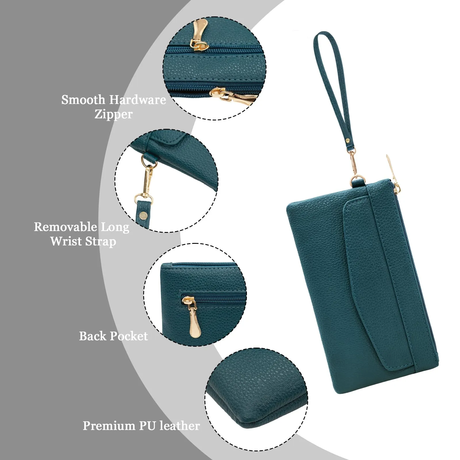 LJCZKA Portafoglio da Polso Pelle Donna Pochette da Polso Zip Grande Capacità Frizione Cellulare Porta Carte con Cinturino da Polso, Portachiavi (Verde-3) - immagine 5