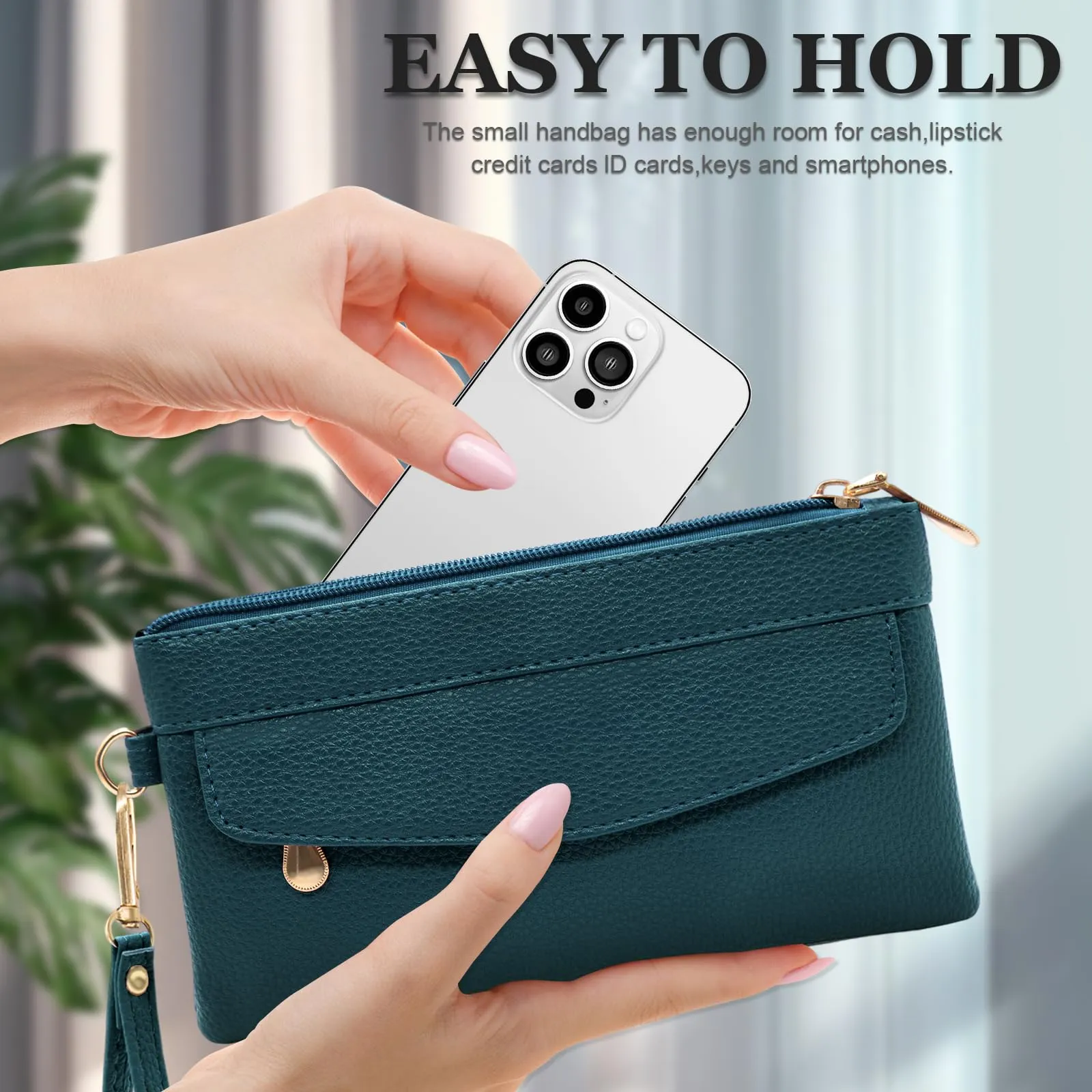 LJCZKA Portafoglio da Polso Pelle Donna Pochette da Polso Zip Grande Capacità Frizione Cellulare Porta Carte con Cinturino da Polso, Portachiavi (Verde-3) - immagine 6