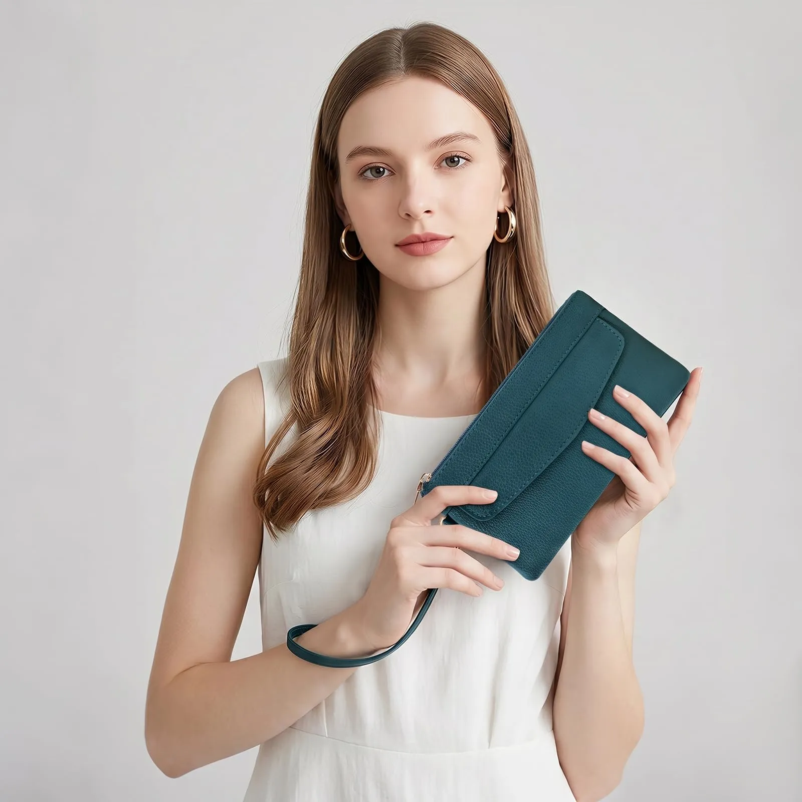 LJCZKA Portafoglio da Polso Pelle Donna Pochette da Polso Zip Grande Capacità Frizione Cellulare Porta Carte con Cinturino da Polso, Portachiavi (Verde-3) - immagine 7