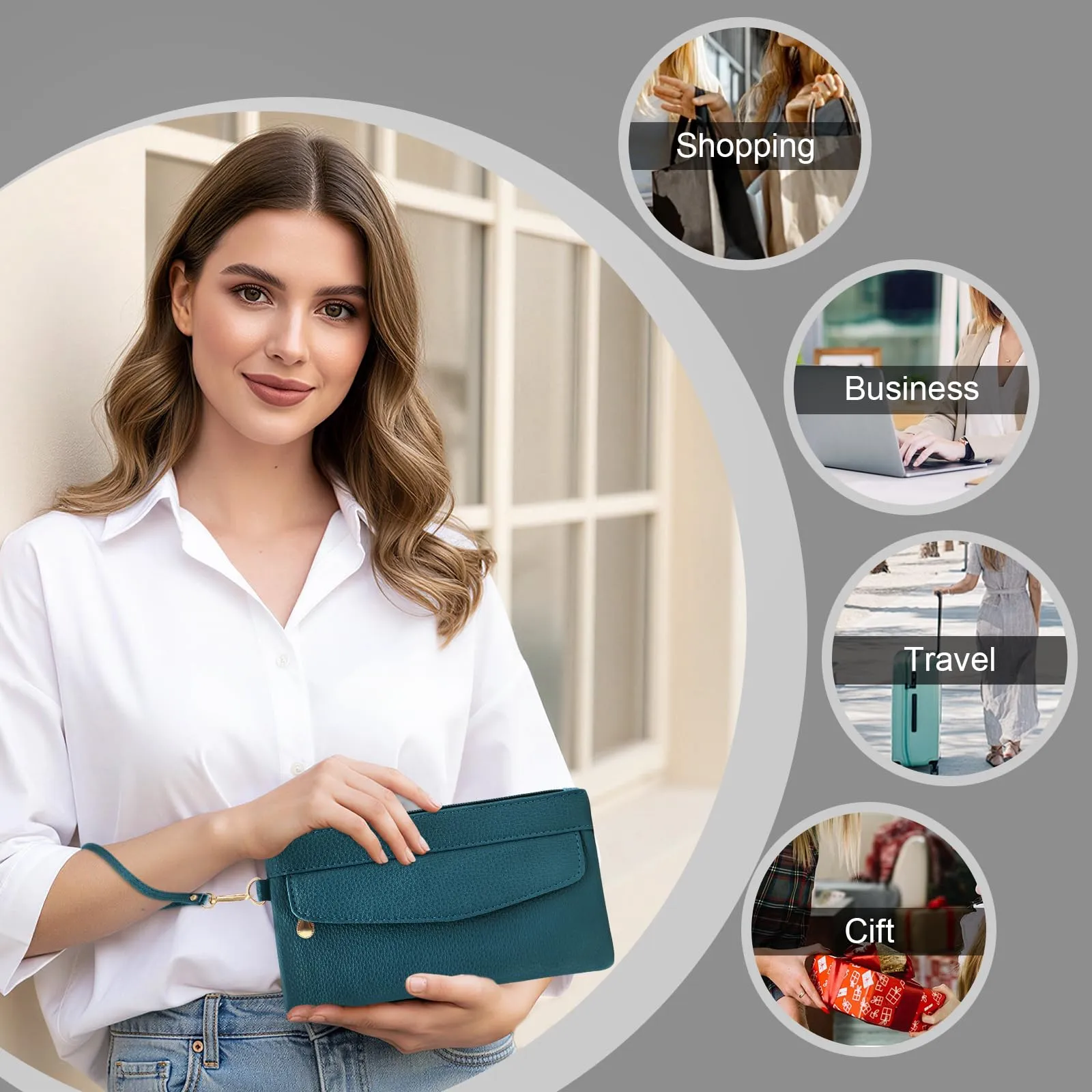 LJCZKA Portafoglio da Polso Pelle Donna Pochette da Polso Zip Grande Capacità Frizione Cellulare Porta Carte con Cinturino da Polso, Portachiavi (Verde-3) - immagine 8