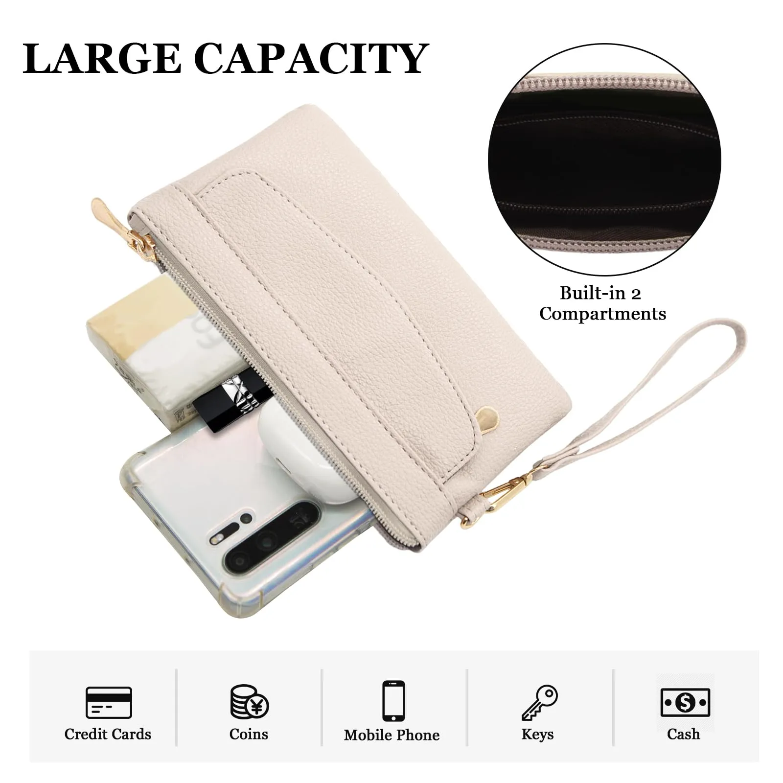 LJCZKA Portafoglio da Polso Pelle Donna Pochette da Polso Zip Grande Capacità Frizione Cellulare Porta Carte con Cinturino da Polso, Portachiavi (Bianco-3) - immagine 4