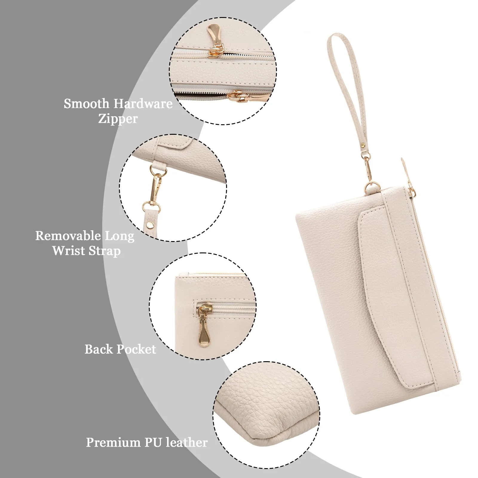 LJCZKA Portafoglio da Polso Pelle Donna Pochette da Polso Zip Grande Capacità Frizione Cellulare Porta Carte con Cinturino da Polso, Portachiavi (Bianco-3) - immagine 5