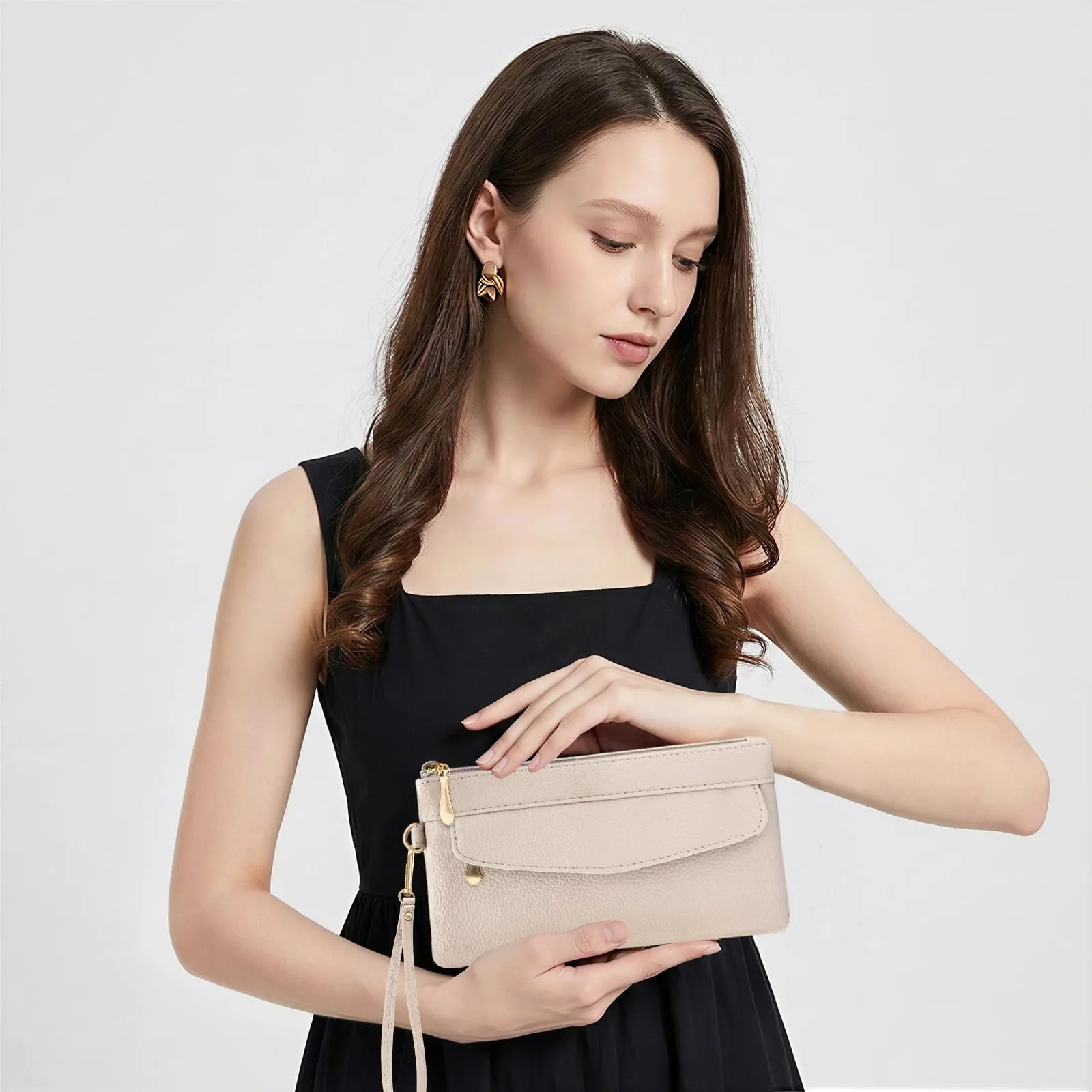 LJCZKA Portafoglio da Polso Pelle Donna Pochette da Polso Zip Grande Capacità Frizione Cellulare Porta Carte con Cinturino da Polso, Portachiavi (Bianco-3) - immagine 7