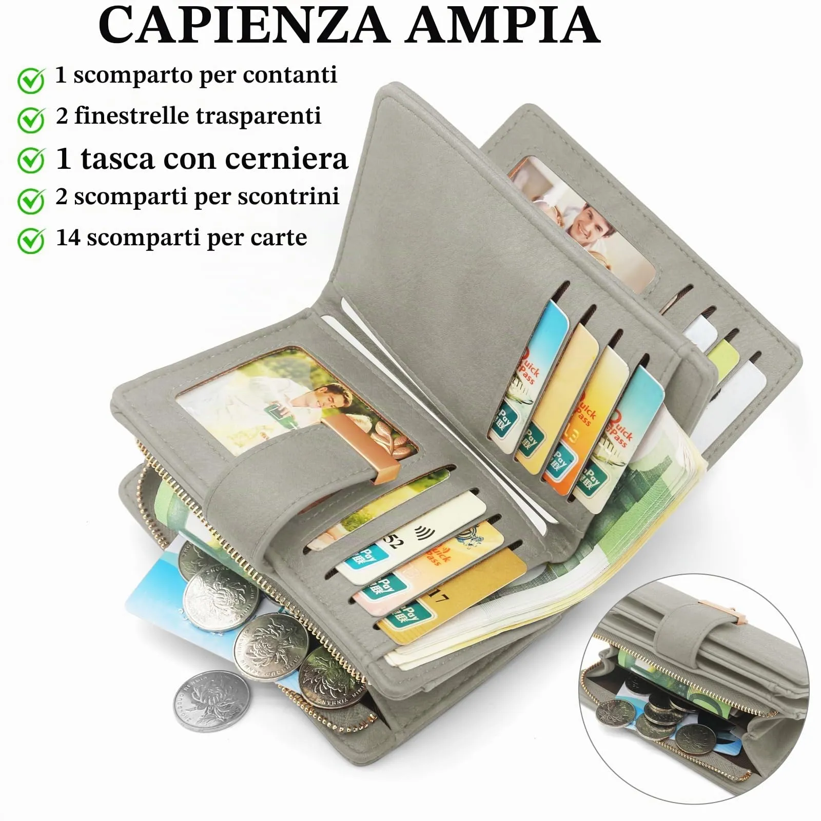 HNOOM Portafoglio Portamonete Donna Porta Carte di Credito Medio (Grigio) - immagine 2