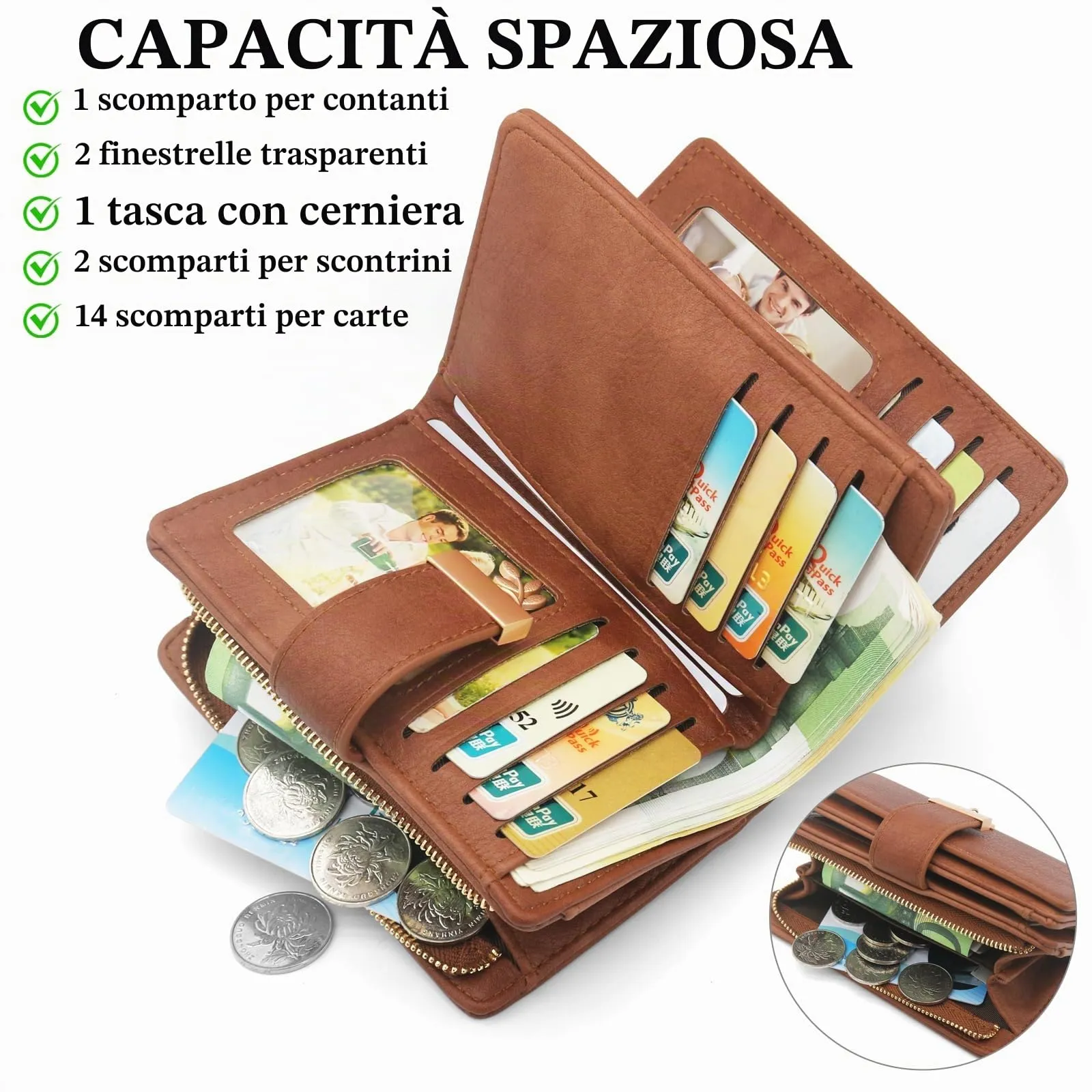 HNOOM Portafoglio Portamonete Donna Porta Carte di Credito Medio (Marrone) - immagine 2