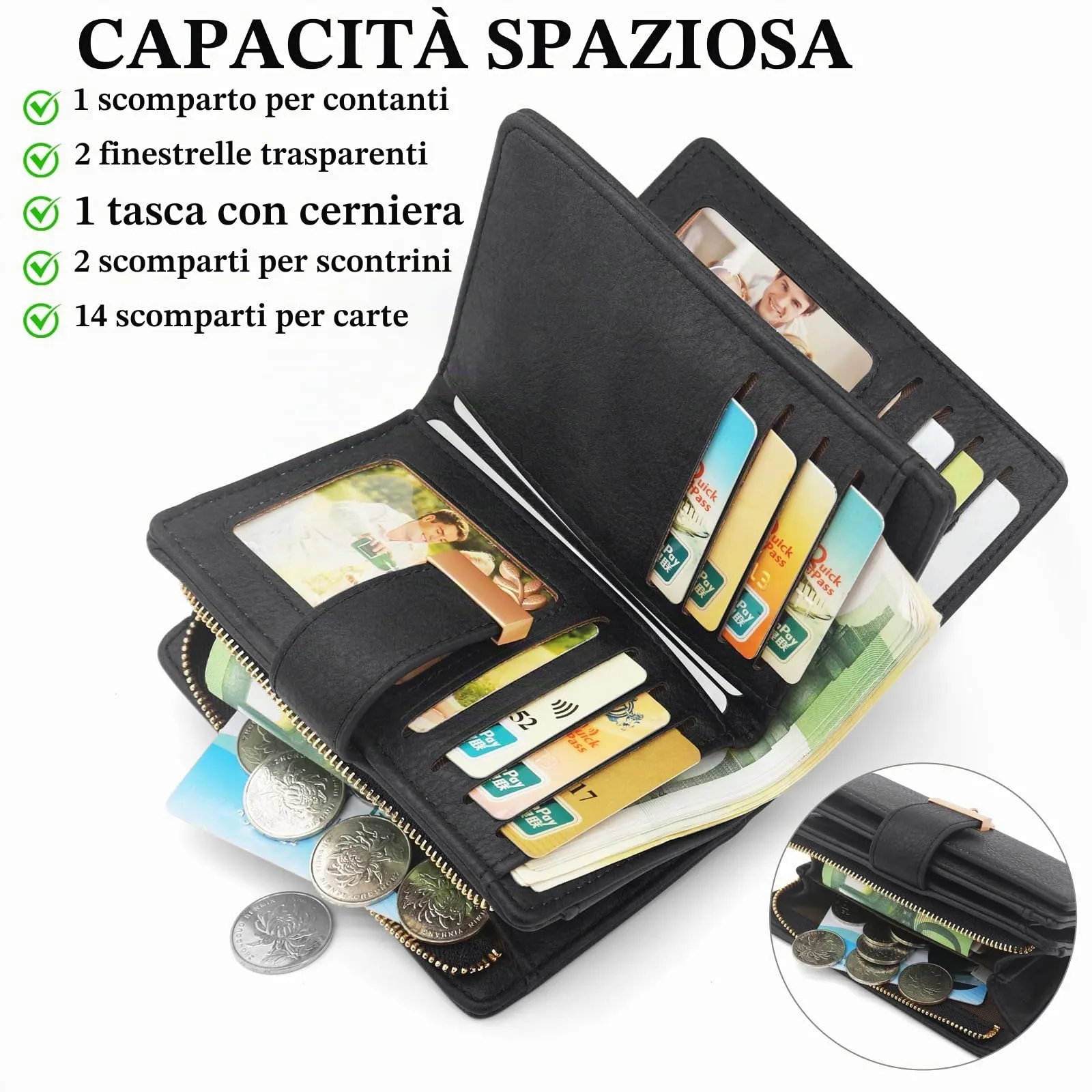 HNOOM Portafoglio Portamonete Donna Porta Carte di Credito Medio (Nero) - immagine 2