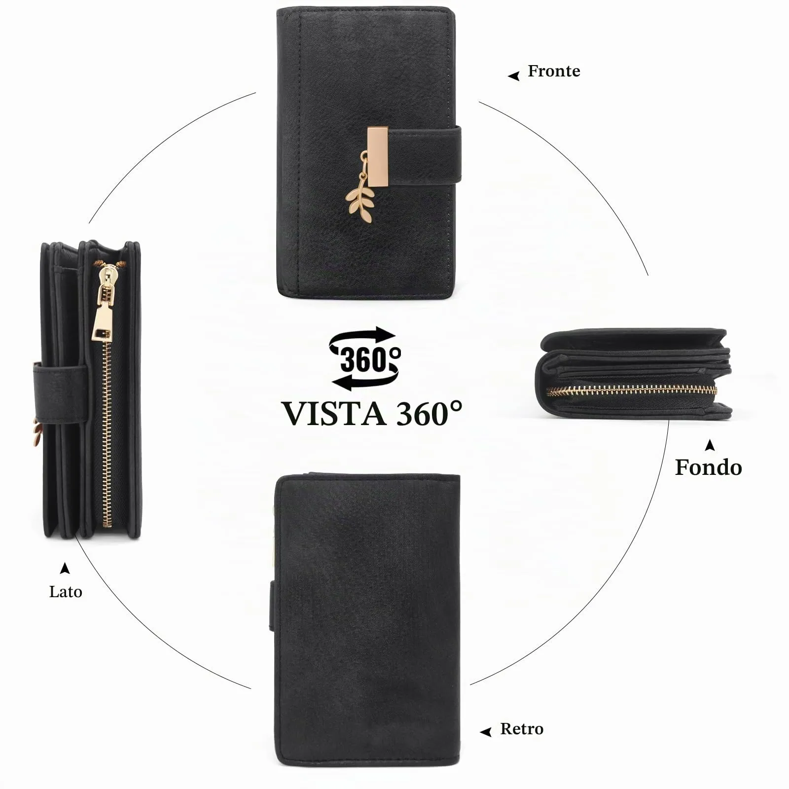 HNOOM Portafoglio Portamonete Donna Porta Carte di Credito Medio (Nero) - immagine 3