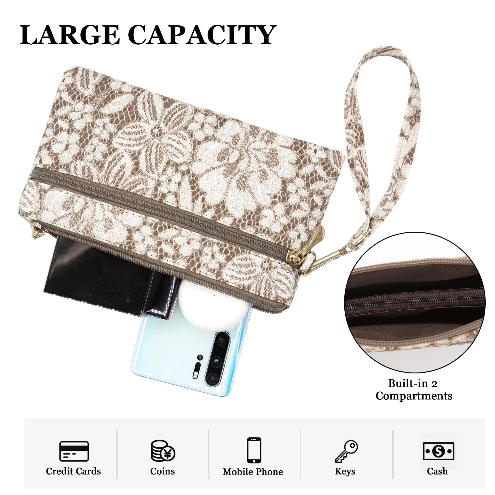 LJCZKA Portafoglio da Polso Pelle Donna Pochette da Polso Zip Grande Capacità Frizione Cellulare Porta Carte con Cinturino da Polso, Portachiavi (Marrone-5) - immagine 4