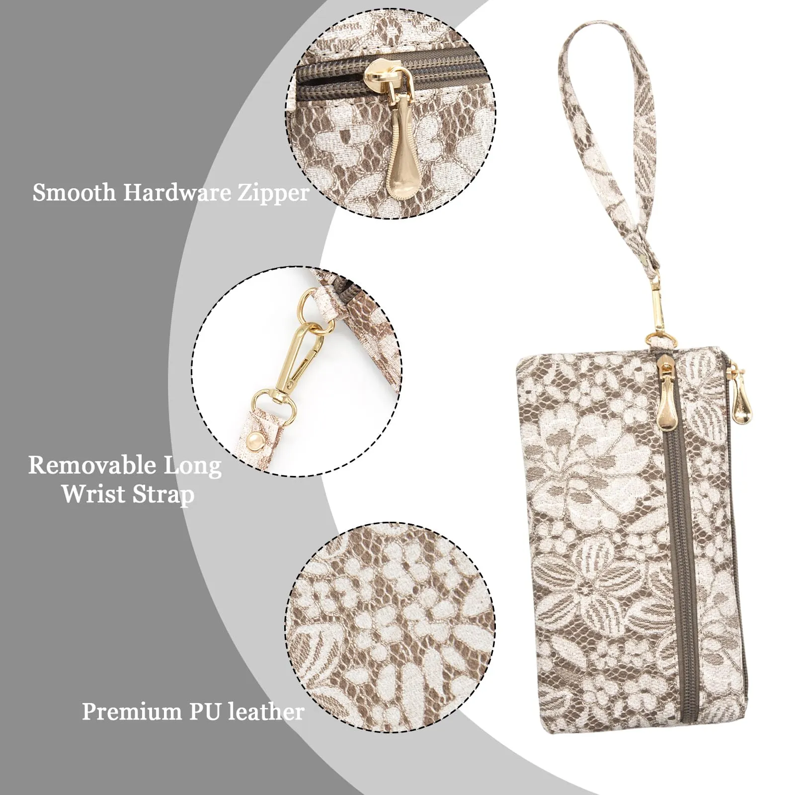 LJCZKA Portafoglio da Polso Pelle Donna Pochette da Polso Zip Grande Capacità Frizione Cellulare Porta Carte con Cinturino da Polso, Portachiavi (Marrone-5) - immagine 5