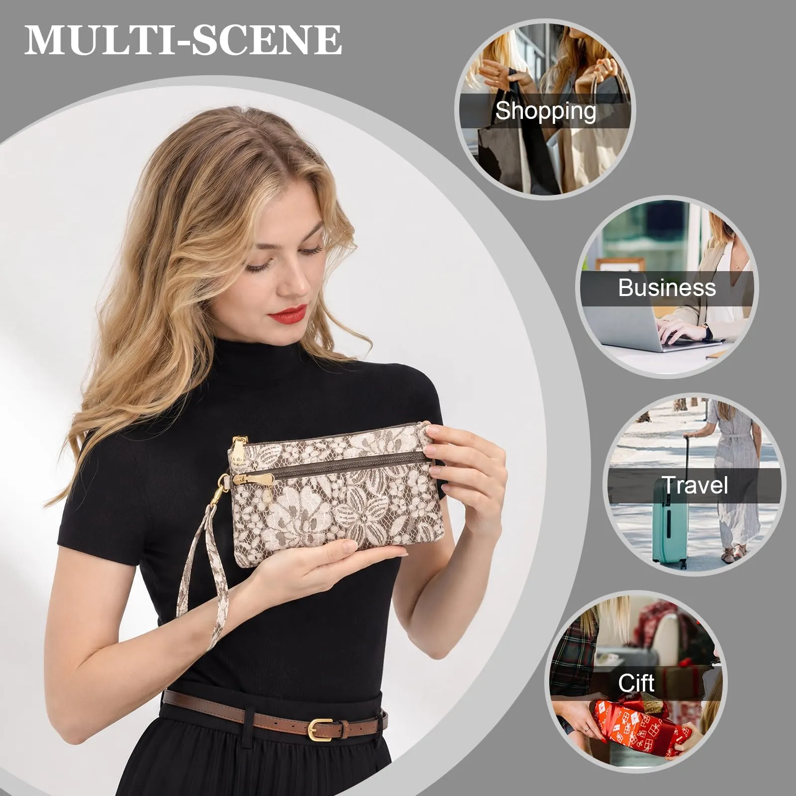 LJCZKA Portafoglio da Polso Pelle Donna Pochette da Polso Zip Grande Capacità Frizione Cellulare Porta Carte con Cinturino da Polso, Portachiavi (Marrone-5) - immagine 7